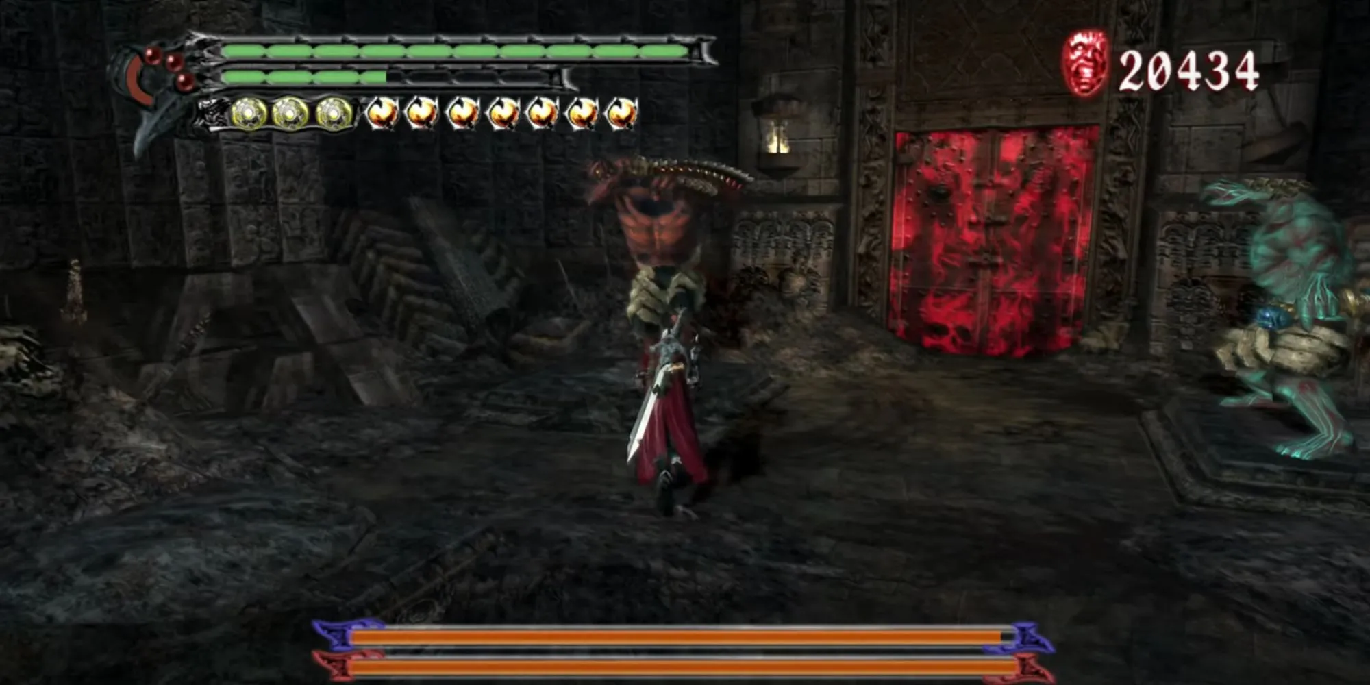 Agni và Rudra trong Devil May Cry 3, hai thanh kiếm sống được cầm bởi những bức tượng không đầu, đang đứng gác.