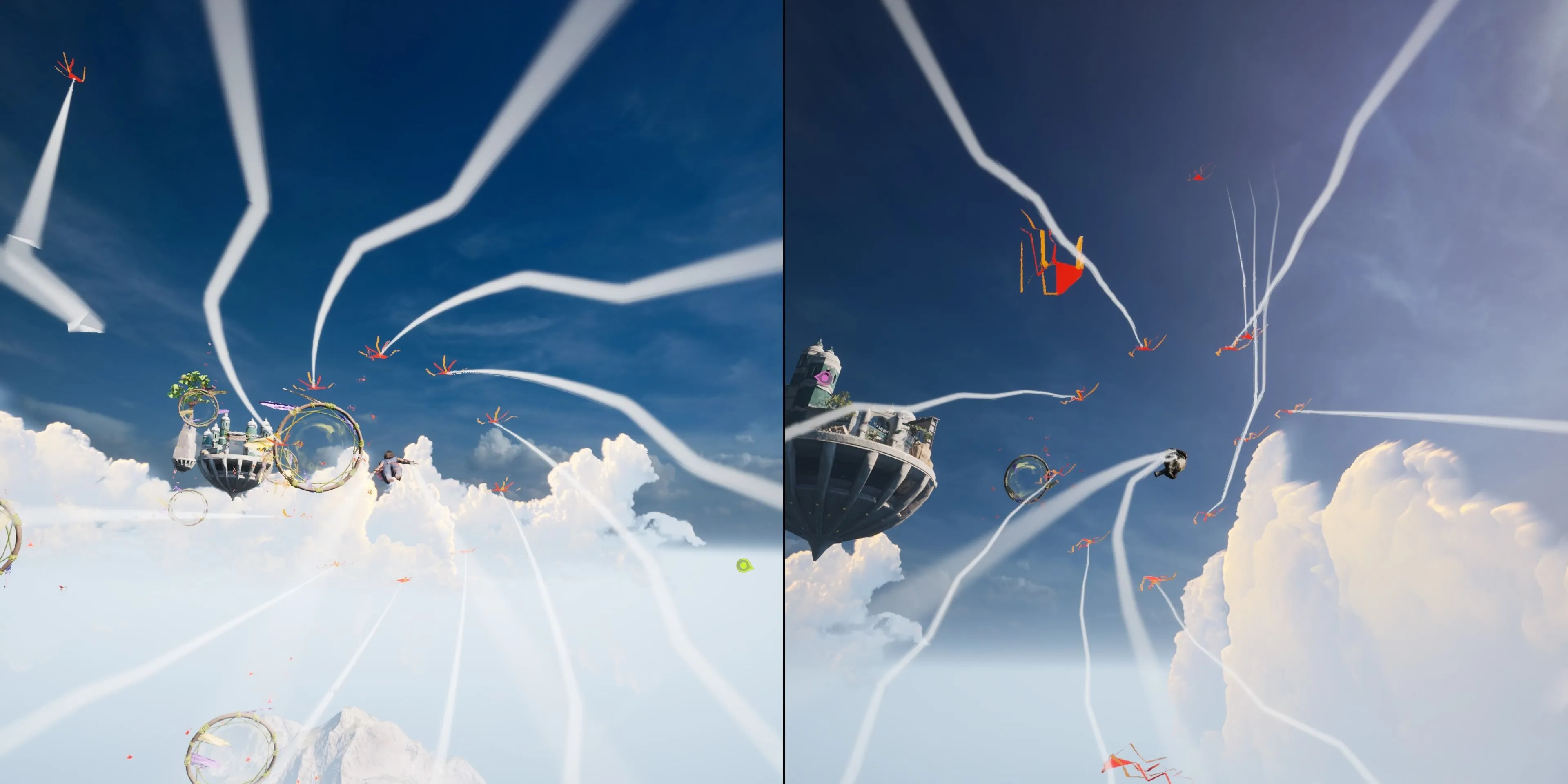 Ảnh chụp màn hình cốt truyện phụ Kites trong Split Fiction với cảnh bay lượn