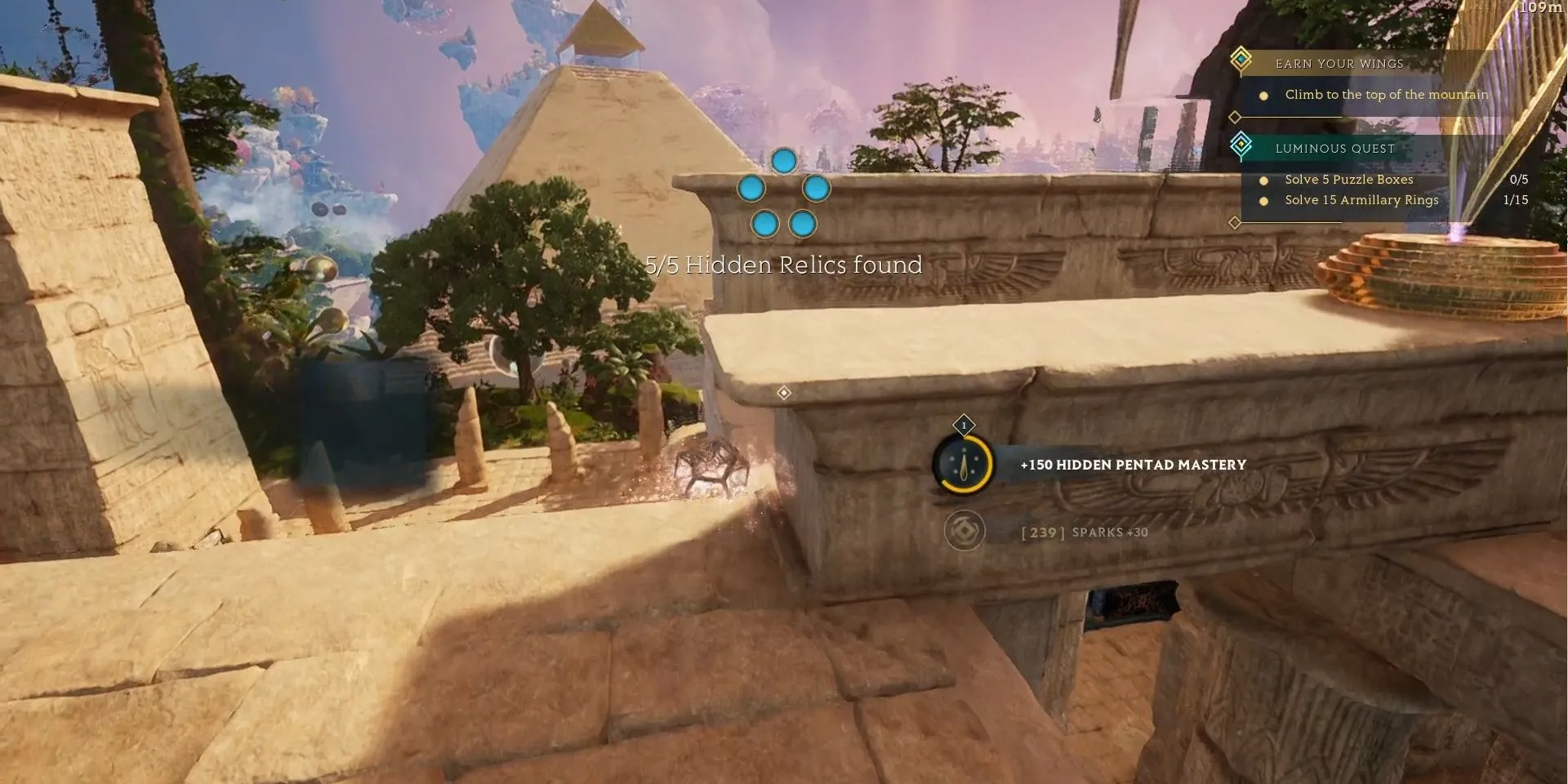 Ảnh chụp màn hình Islands of Insight, người chơi đang khám phá một Di Tích Ẩn Giấu trong thế giới game đầy màu sắc.