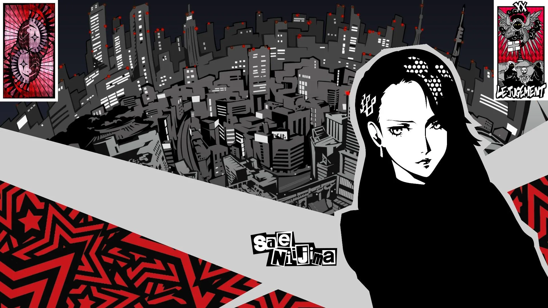 Artwork nhân vật Sae Niijima và biểu tượng Judgement Arcana trong Persona 5 Royal