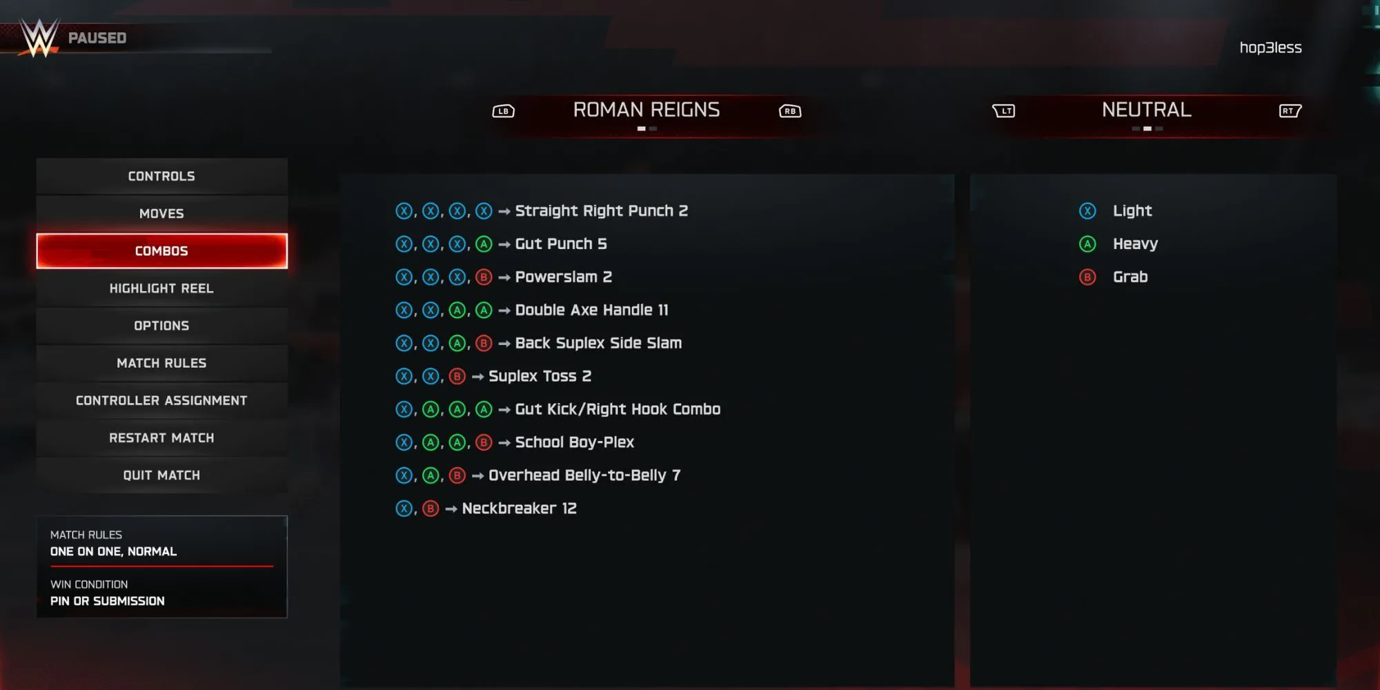 Bảng combo đặc trưng của Roman Reigns trong game WWE 2K25