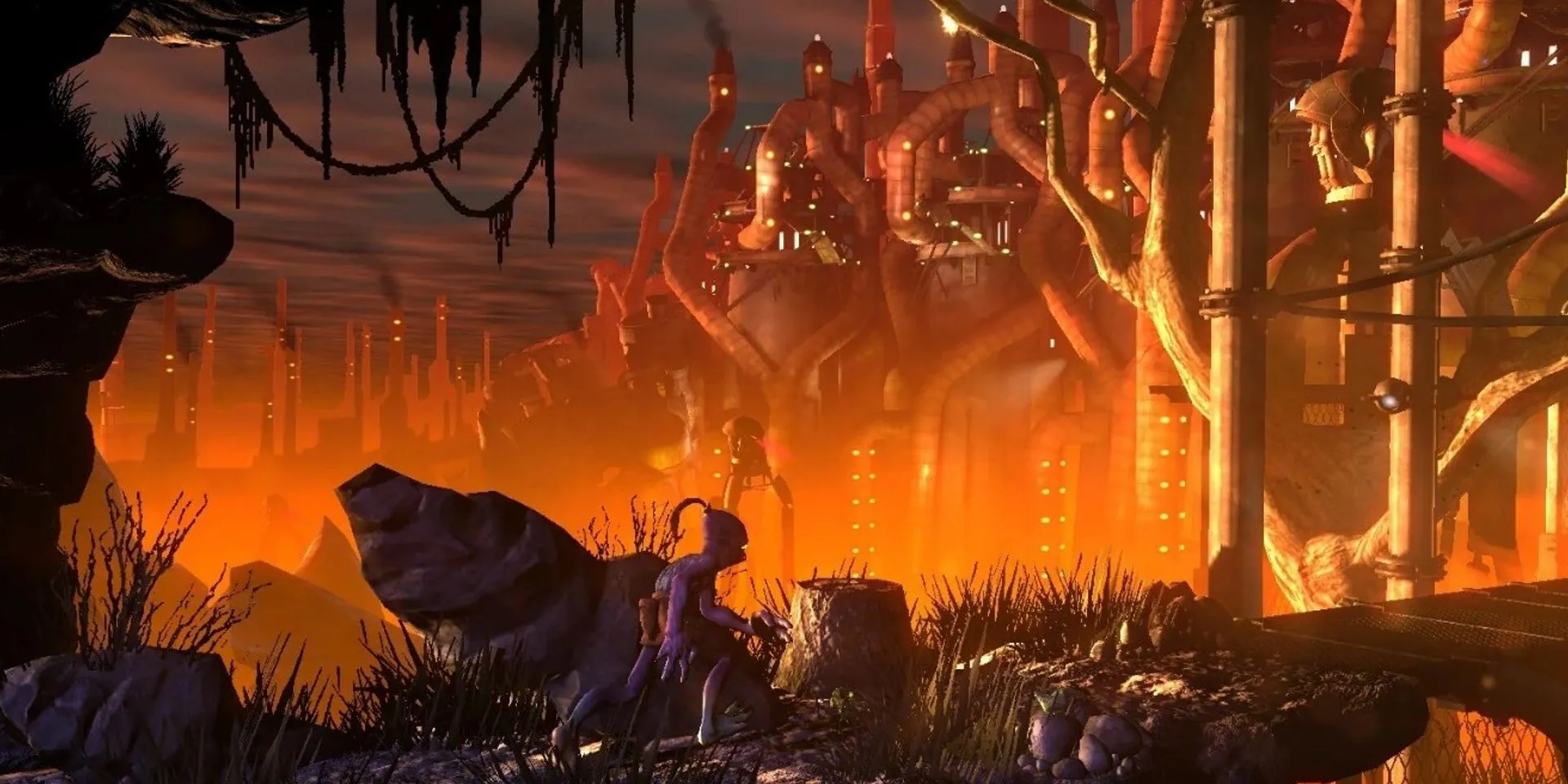 Bên ngoài nhà máy Rupture Farms trên hành tinh Oddworld trong Oddworld: New 'n' Tasty