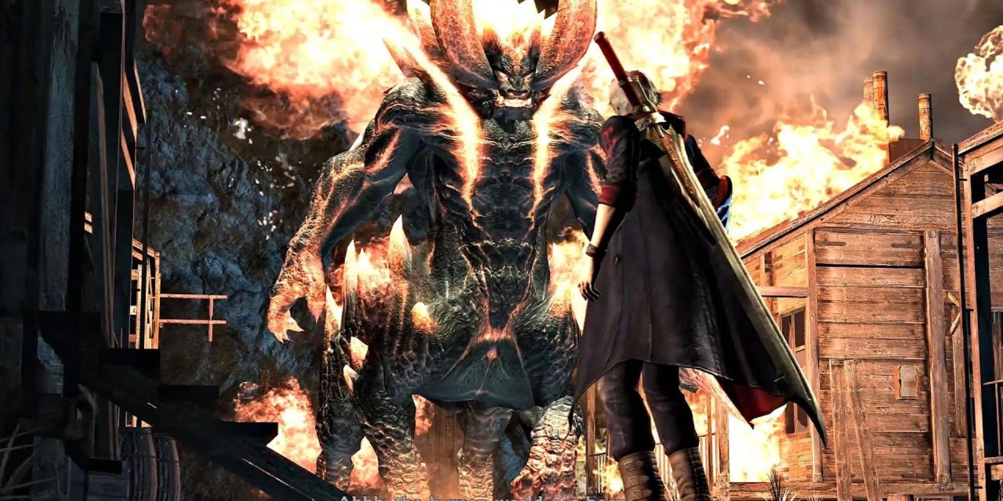 Berial, con quỷ đầu bò thân ngựa rực lửa trong Devil May Cry 4, đang cầm thanh kiếm magma.