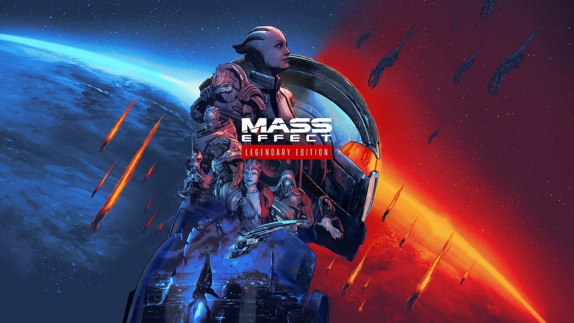 Bìa game Mass Effect Trilogy với hình ảnh các nhân vật chính và phi thuyền Normandy