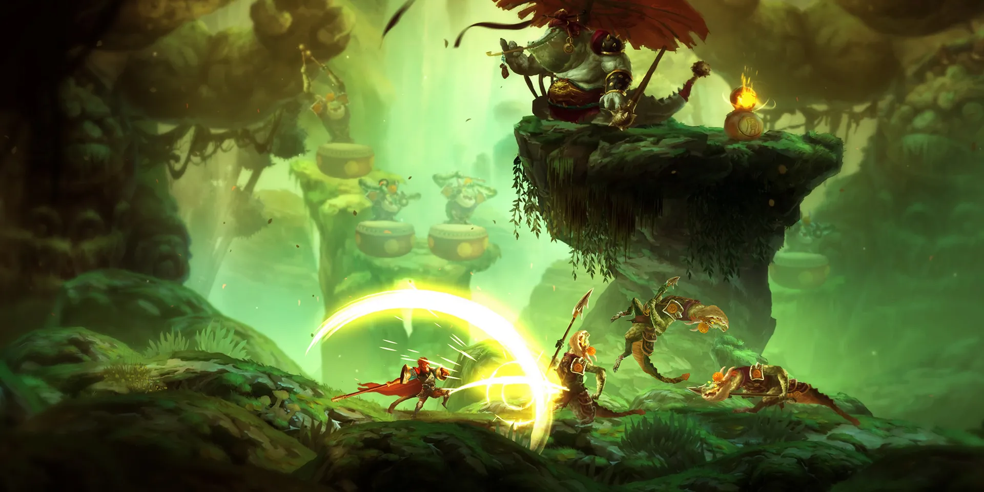Bốn nhân vật trong game Unruly Heroes chiến đấu