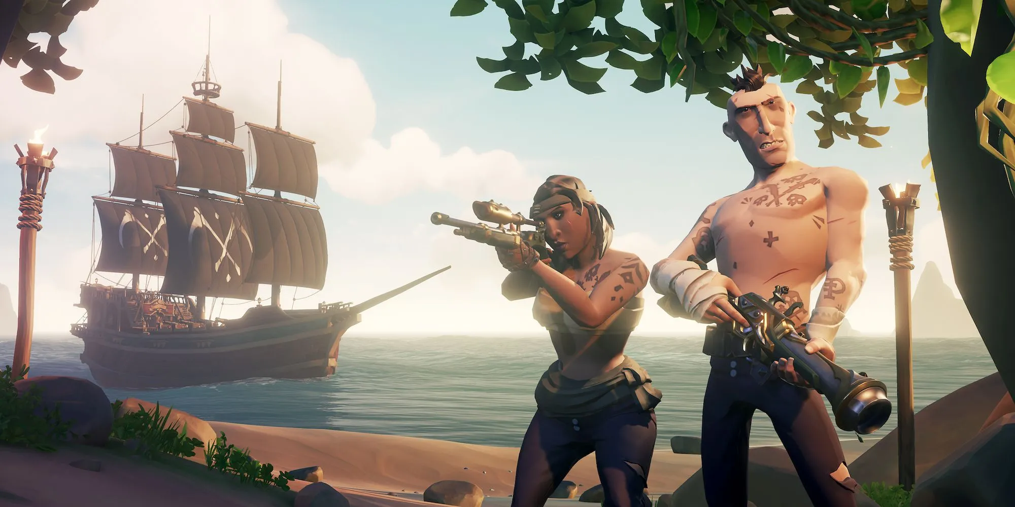 Các nhân vật cướp biển đang nhắm bắn trong Sea of Thieves