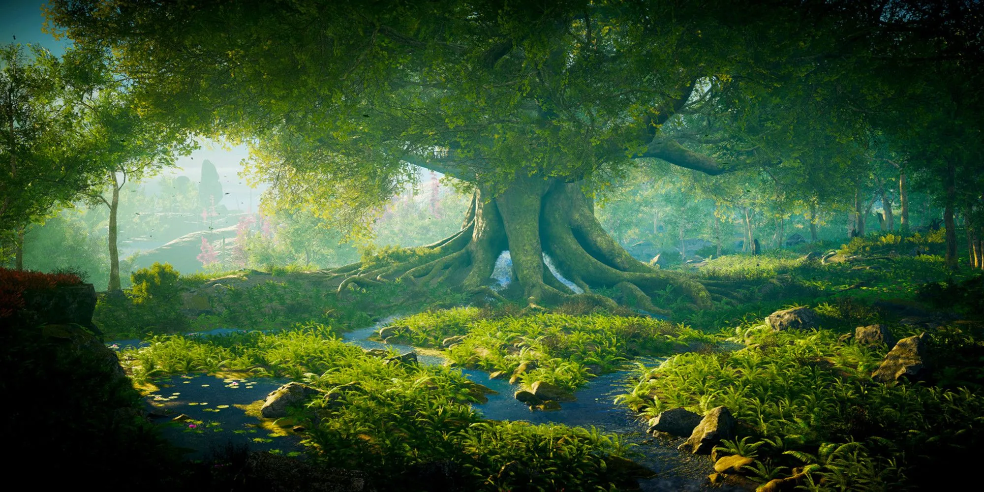 Cây cổ thụ khổng lồ giữa đồng cỏ và suối nước trong game Eastshade