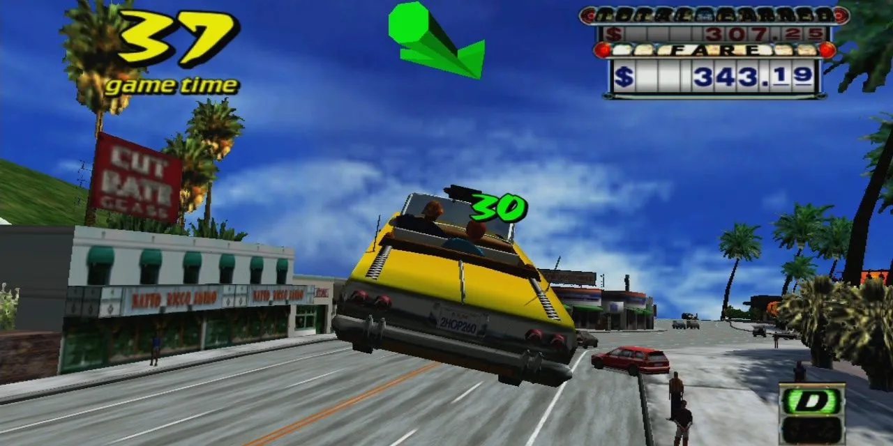 Chiếc taxi thực hiện cú bay xe ngoạn mục trong game đua xe Crazy Taxi GameCube