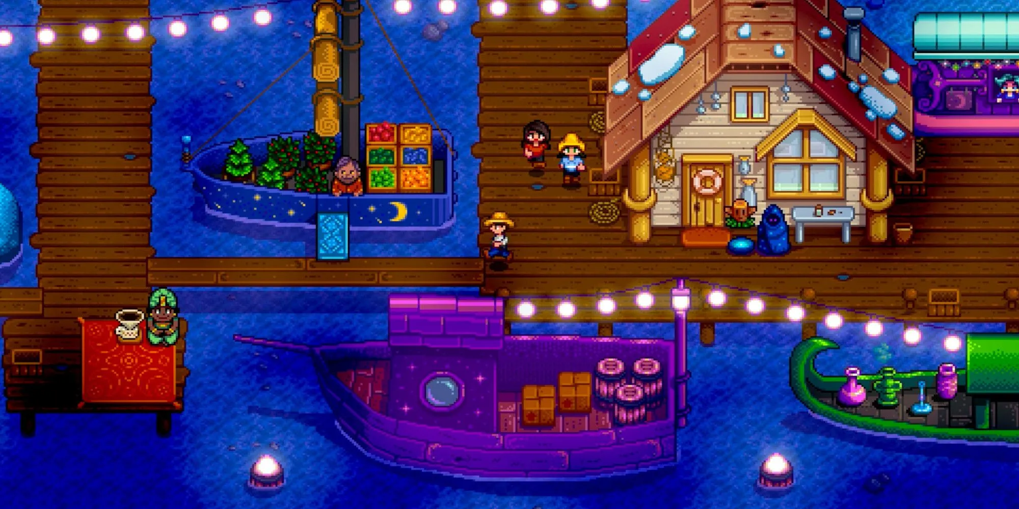 Chợ đêm Stardew Valley với các gian hàng trên thuyền tấp nập