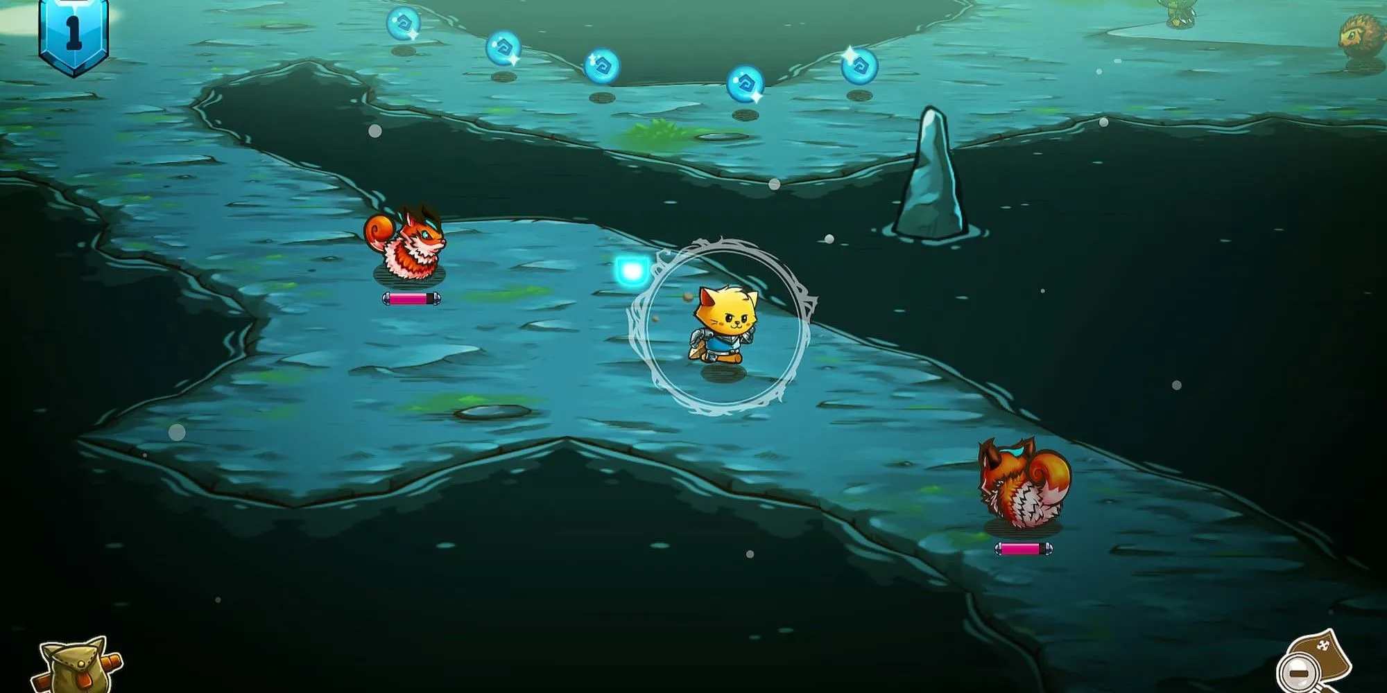Chú mèo nhân vật chính đứng trong một hầm ngục tối của Cat Quest