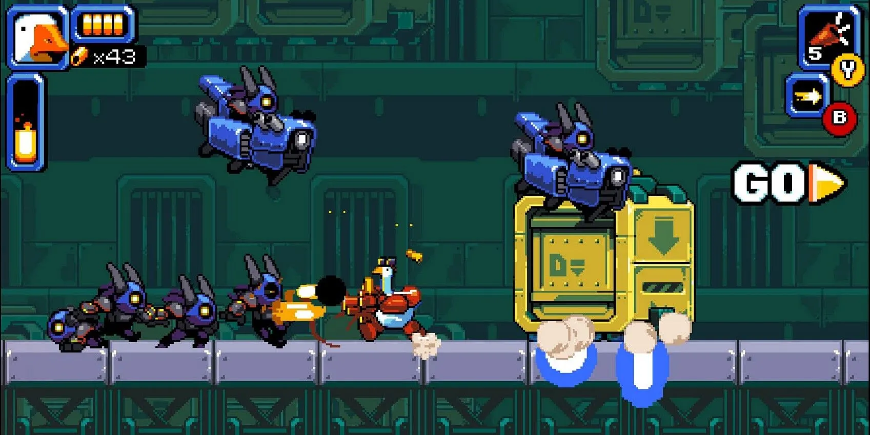 Chú ngỗng Mighty Goose chiến đấu với đám đông kẻ thù trong game