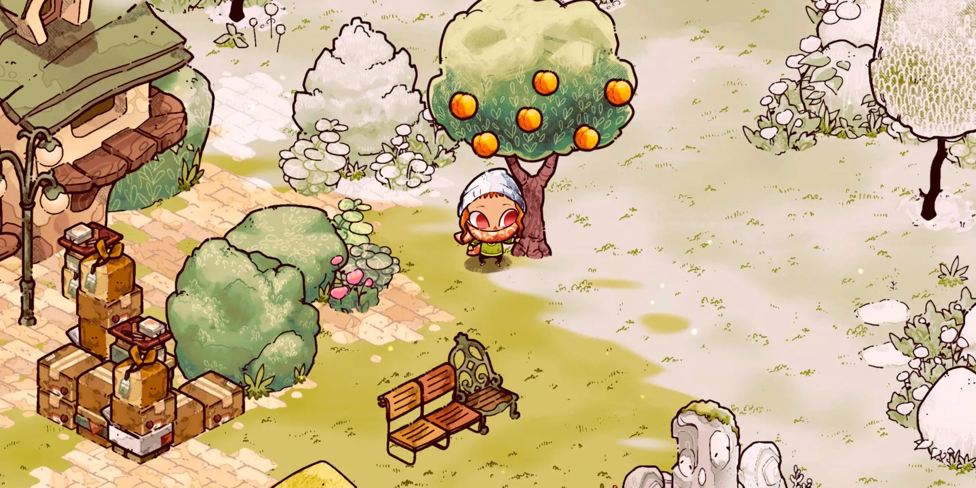 Công viên với cây cam trong game Cozy Grove
