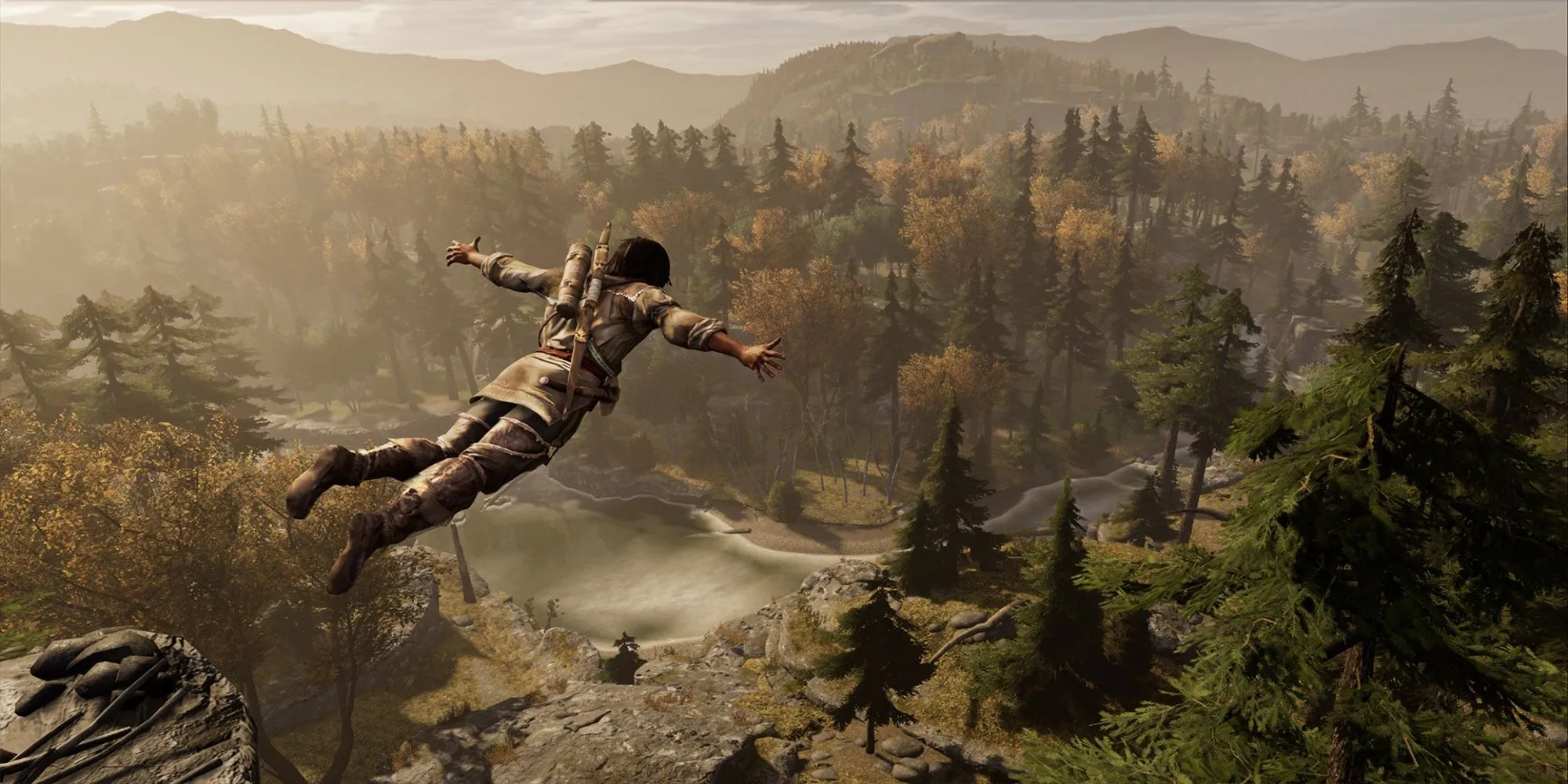 Connor Kenway trong Assassin's Creed 3 Remastered thực hiện pha ám sát từ trên cây