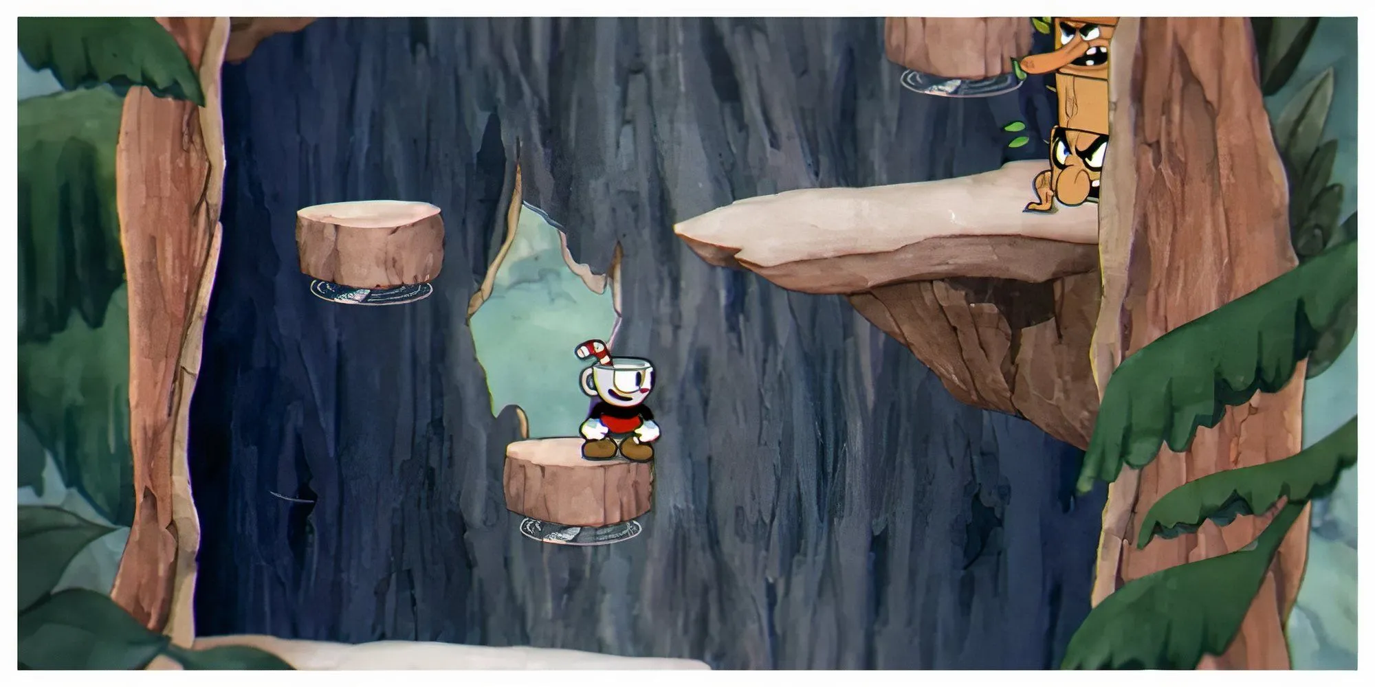 Cuphead và Mugman đối mặt với một boss trong game đồ họa hoạt hình cổ điển