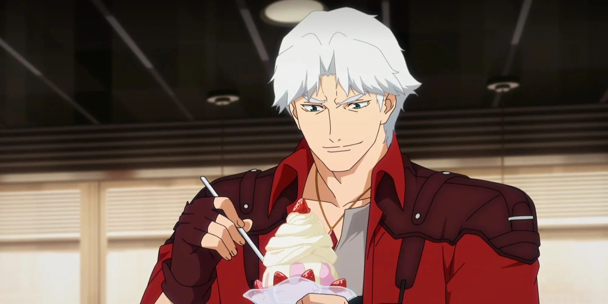 Dante trong Devil May Cry Netflix đang thưởng thức ly kem dâu tây yêu thích tại quán Fredy Diner