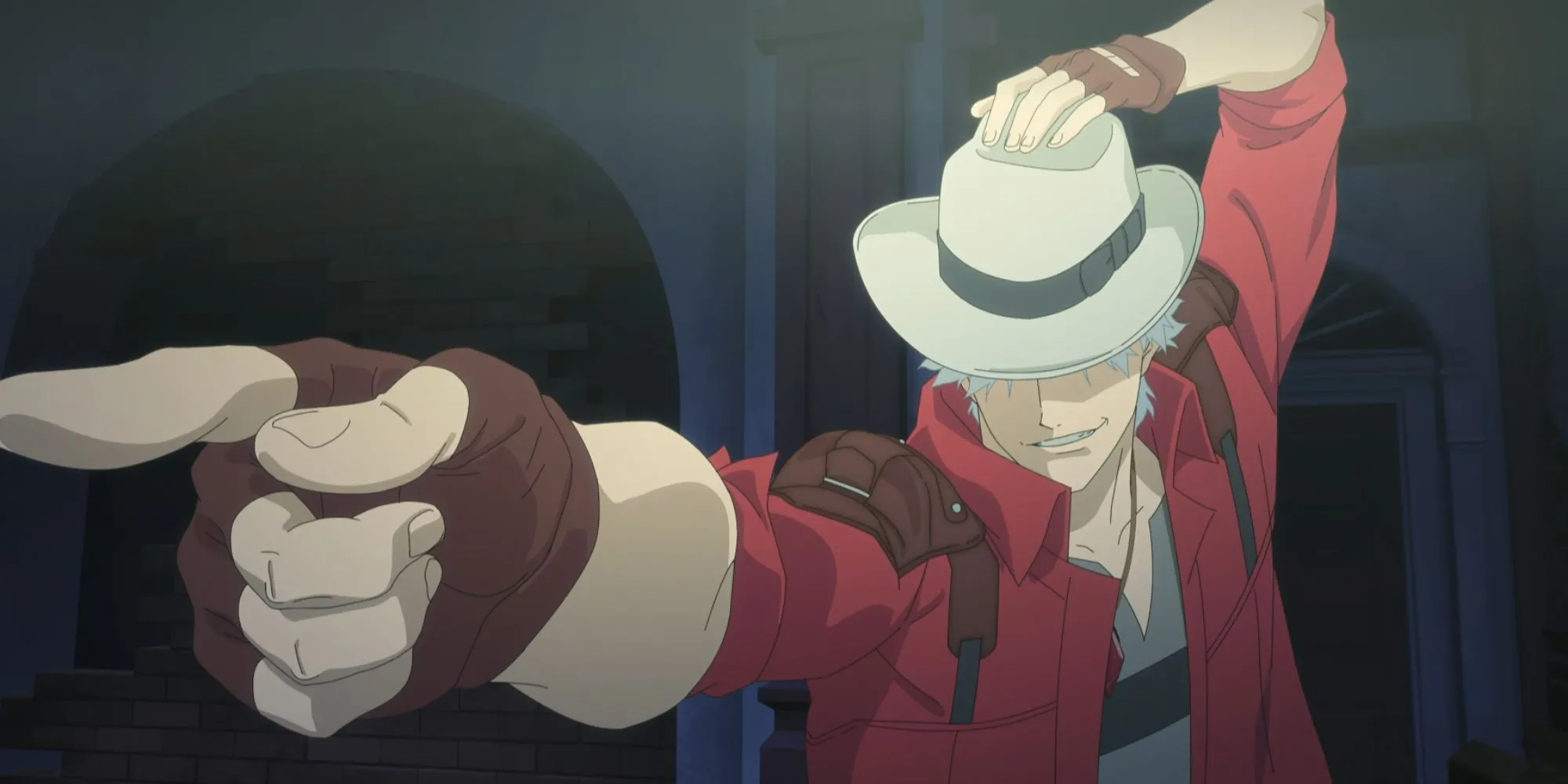 Dante trong Devil May Cry Netflix nhảy trên máy game thùng với chiếc mũ fedora tương tự Dr. Faust