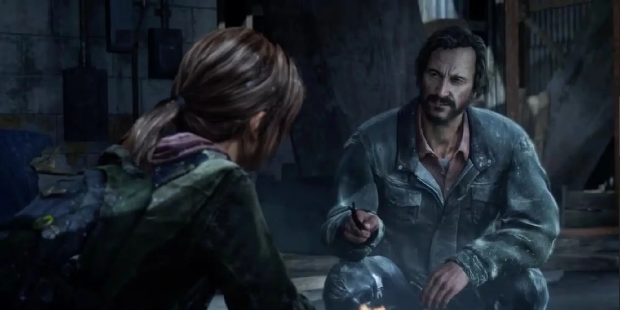 David cầm dao rựa đối đầu Ellie trong một nhà hàng cháy ở The Last of Us
