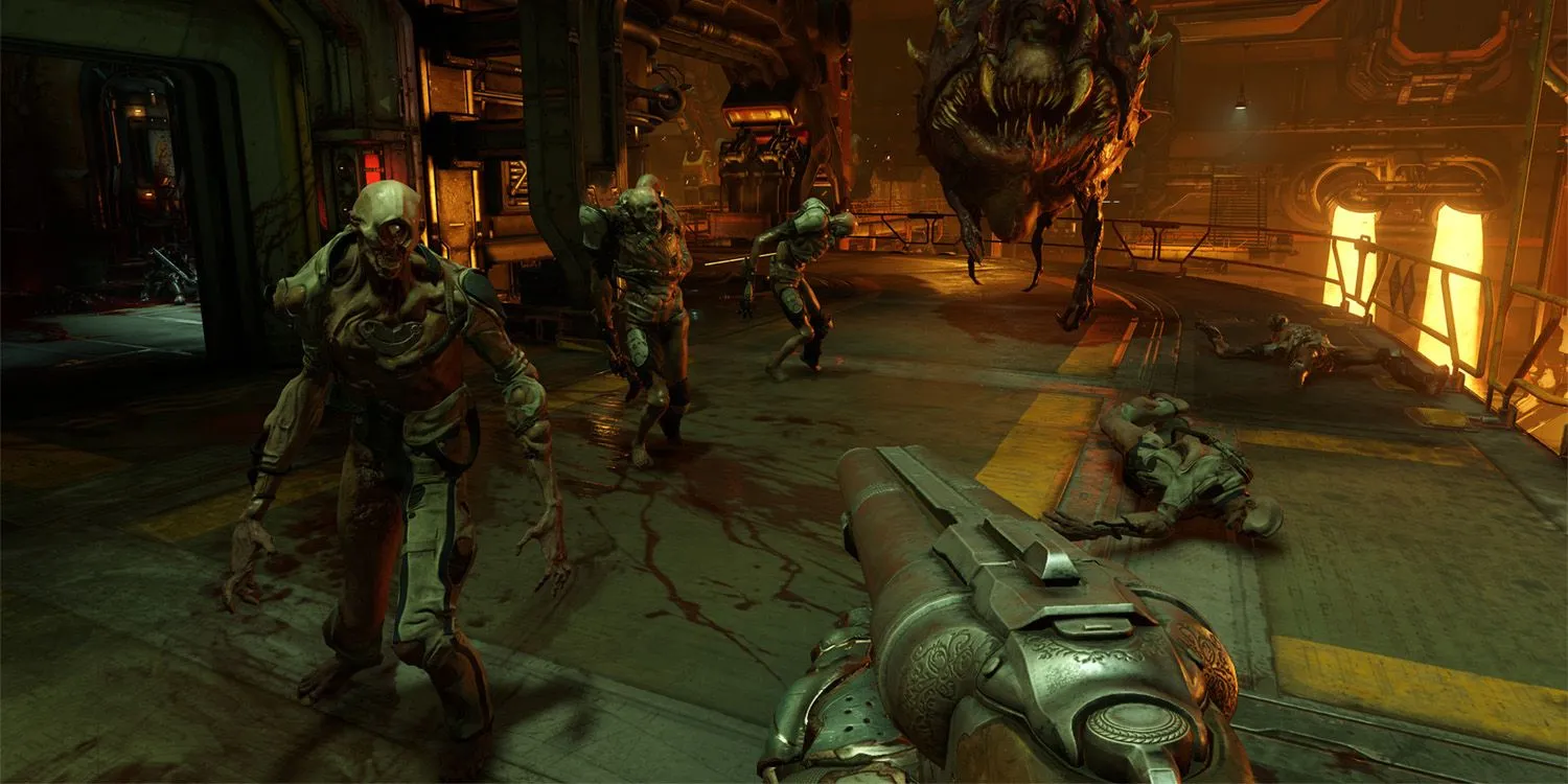 Doom Slayer sử dụng shotgun trong Doom 2016, cận cảnh pha combat máu lửa