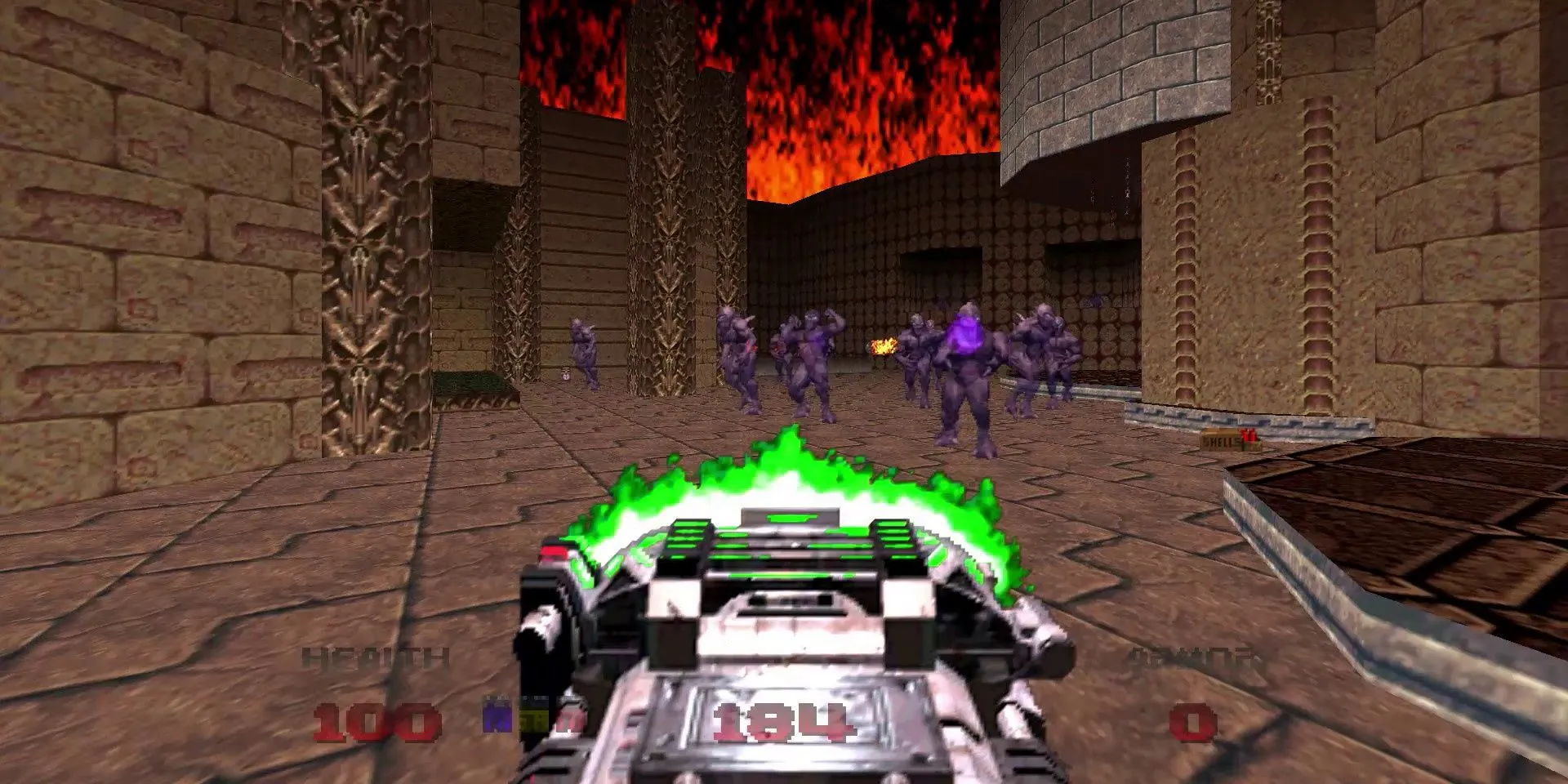 Doomguy cầm khẩu BFG trong Doom 64 với khung cảnh u ám đặc trưng
