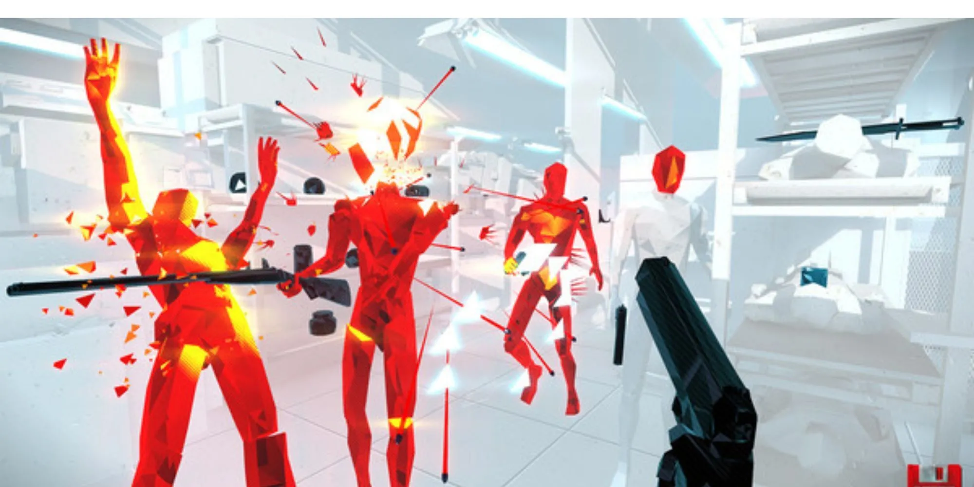 Gameplay Superhot với phong cách đồ họa tối giản trắng đỏ đặc trưng