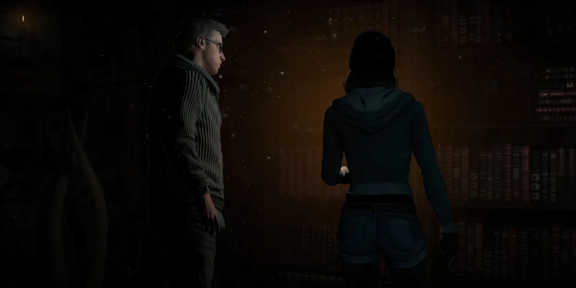 Gameplay Until Dawn với các nhân vật và giá sách