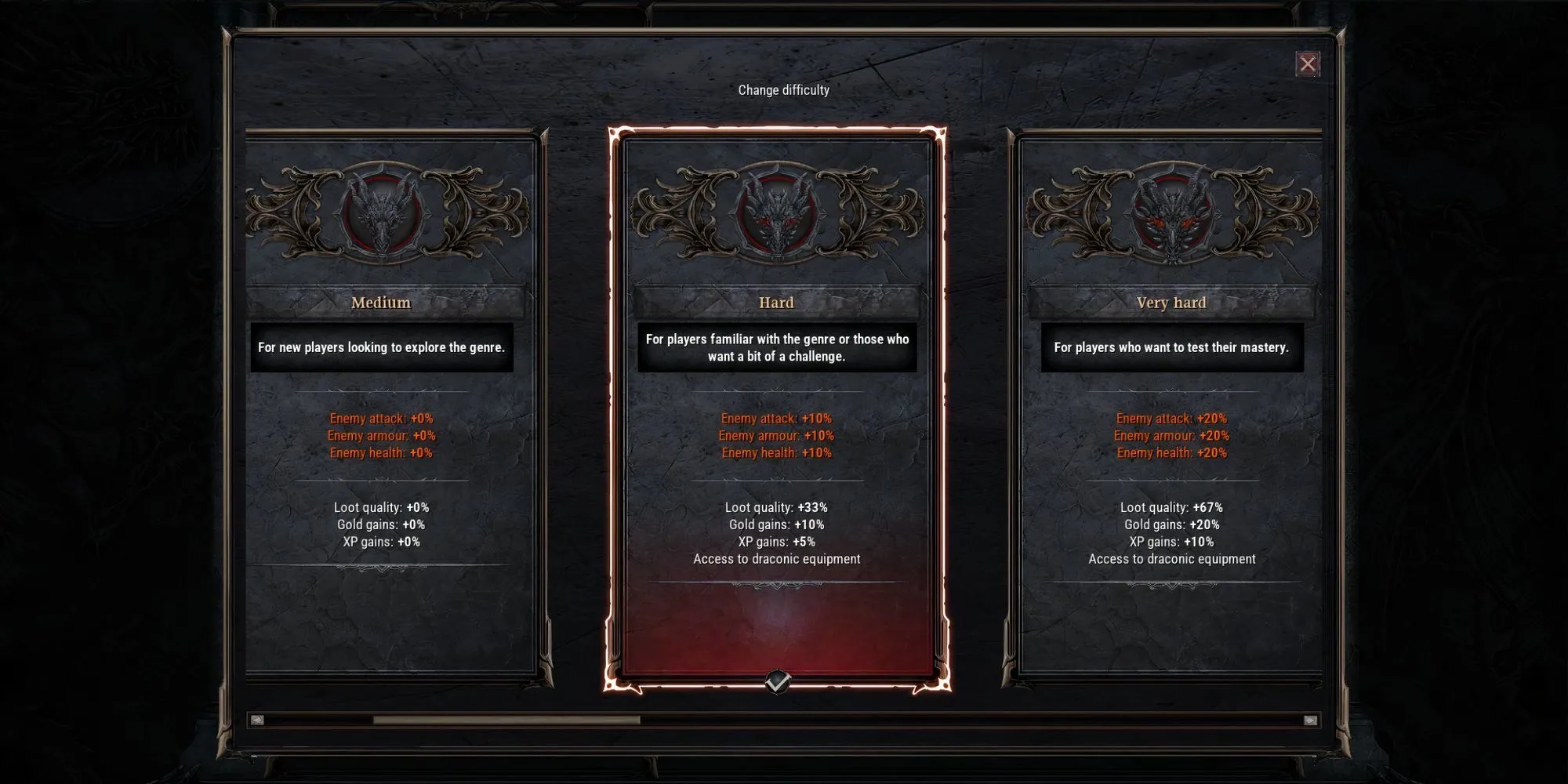 Giao diện tùy chỉnh các cấp độ khó trong Dragonkin The Banished từ Easy đến Calamity I