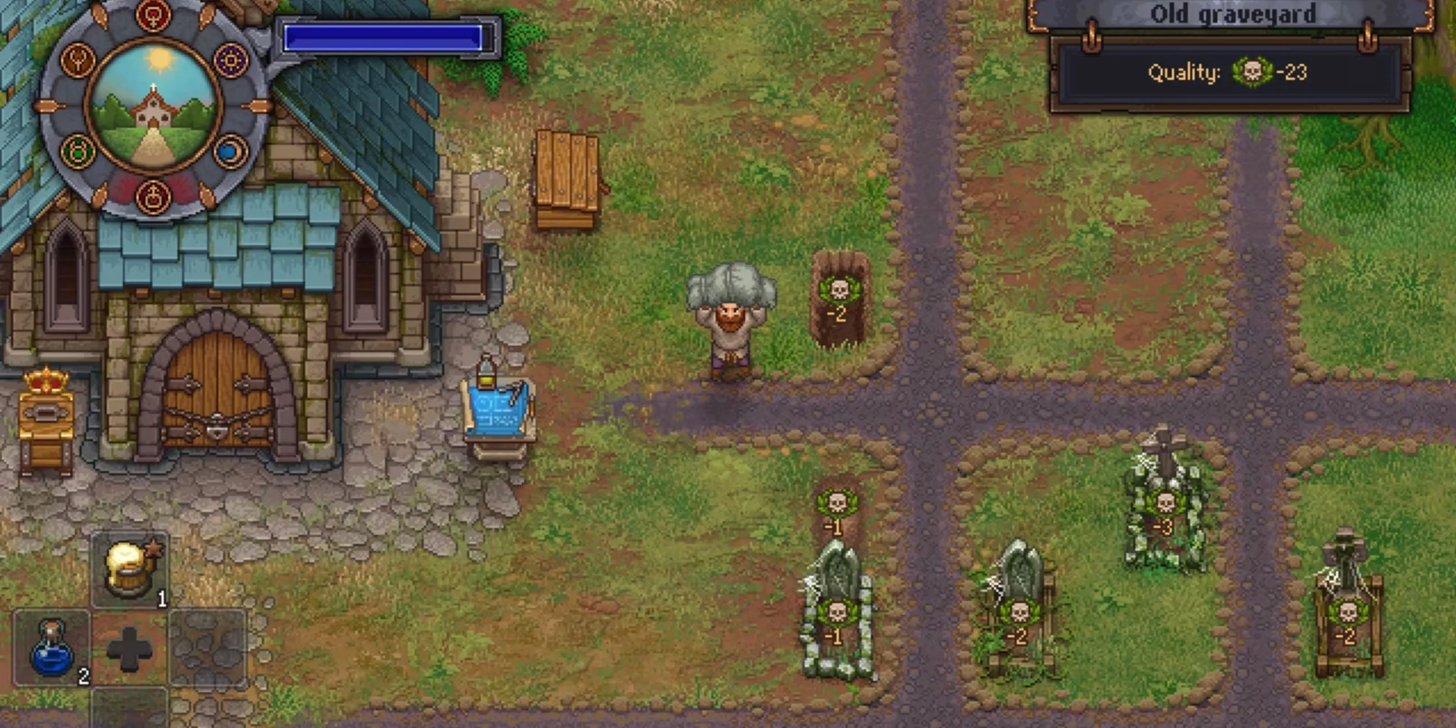 Graveyard Keeper - nhân vật quản lý nghĩa trang đang làm việc giữa các bia mộ và công trình trong game