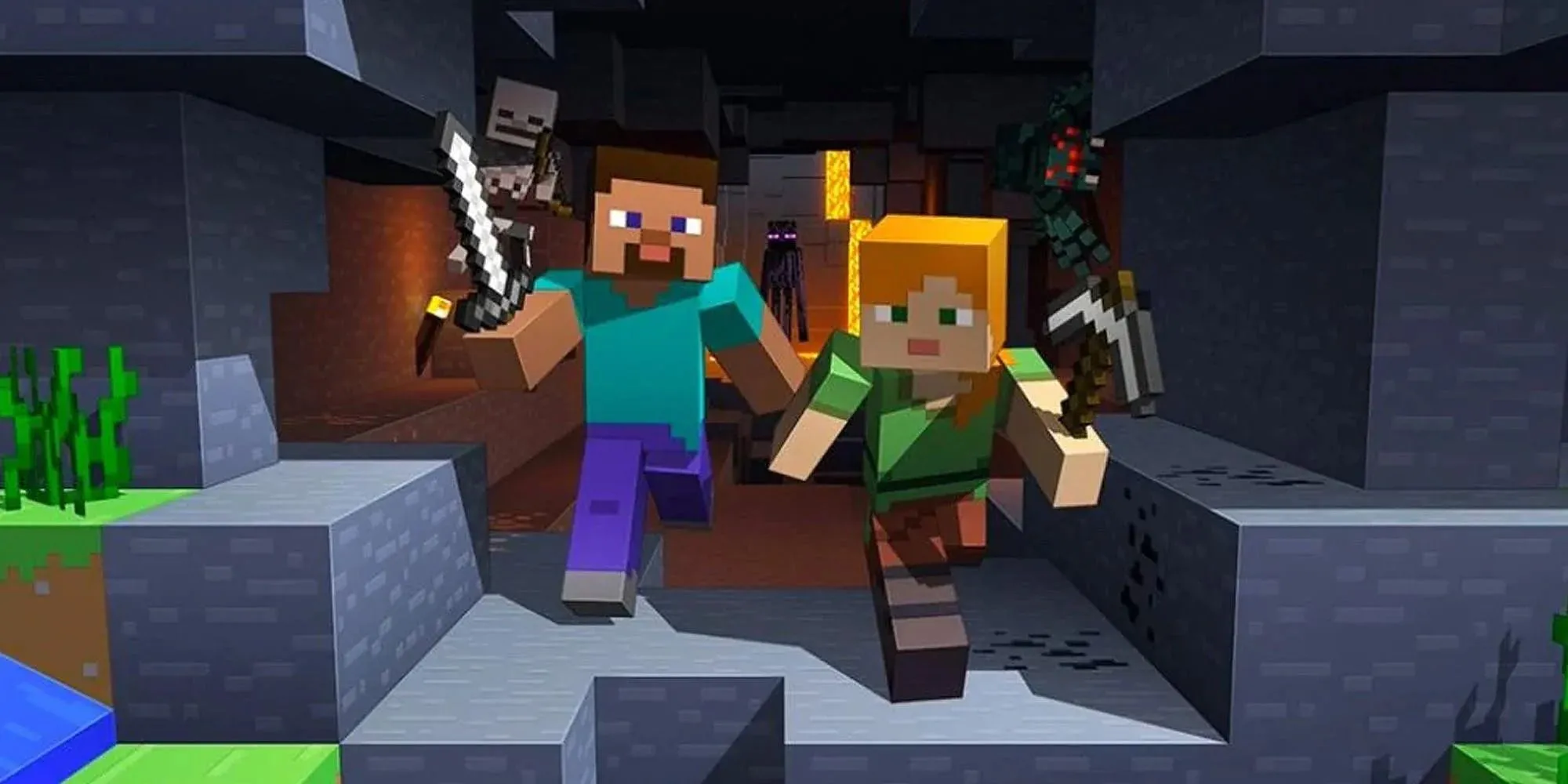 Hai người chơi Minecraft chạy thoát khỏi hang động bị quái vật truy đuổi
