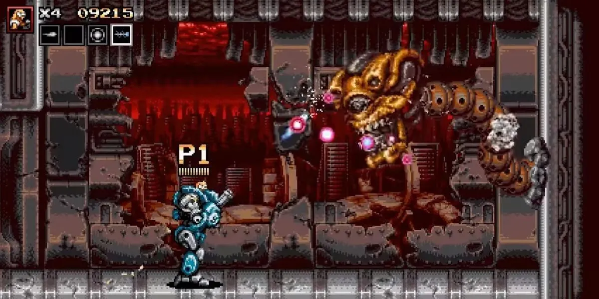 Hai nhân vật Blazing Chrome kề vai sát cánh chiến đấu chống lại robot