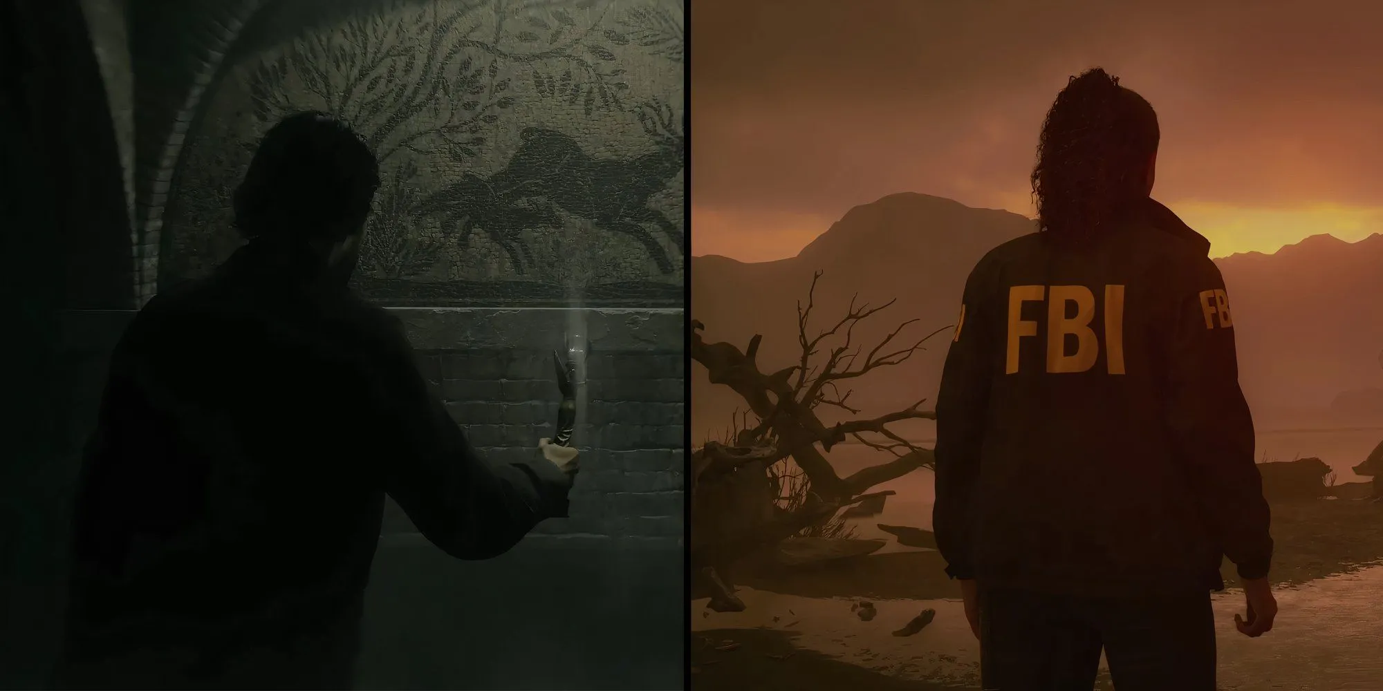 Hai nhân vật chính Alan Wake và Saga Anderson của Alan Wake 2 quay lưng trong các môi trường khác nhau