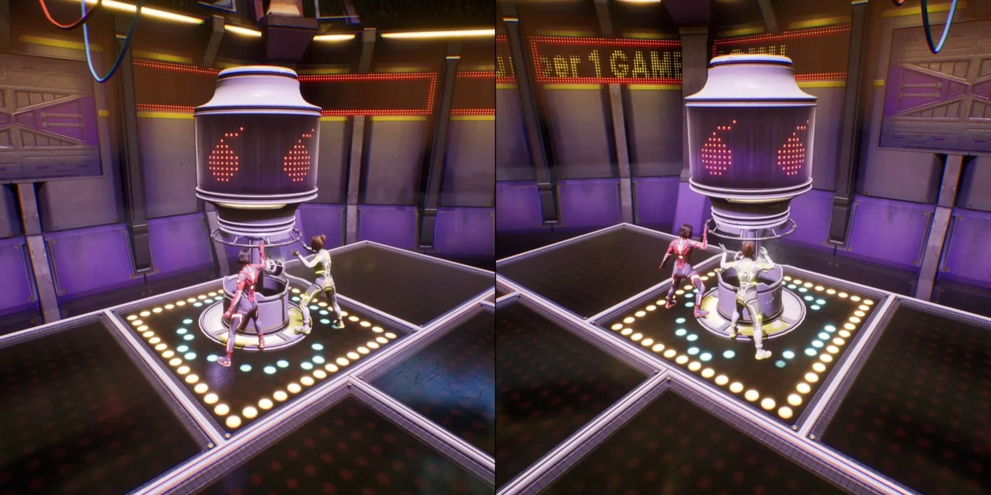 Hai nhân vật đang căng thẳng chuyền quả bom trong minigame Gameshow của Split Fiction