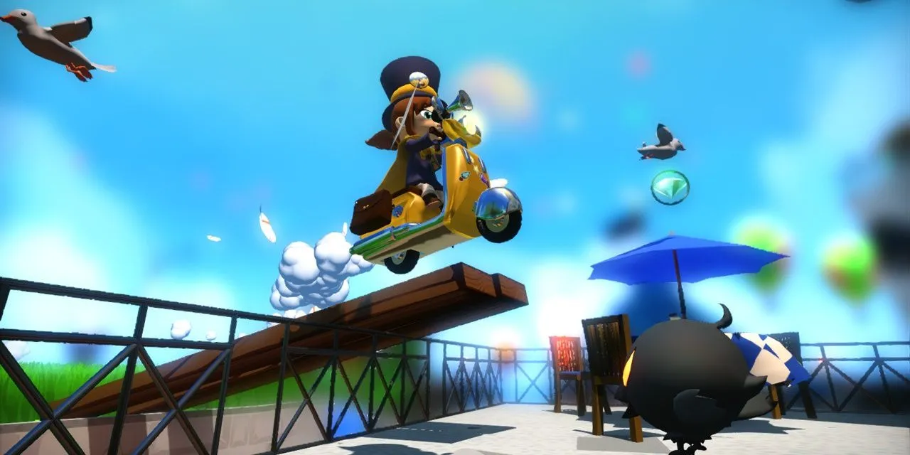 Hat Kid nhân vật chính đội mũ cưỡi xe tay ga màu tím trong game A Hat in Time