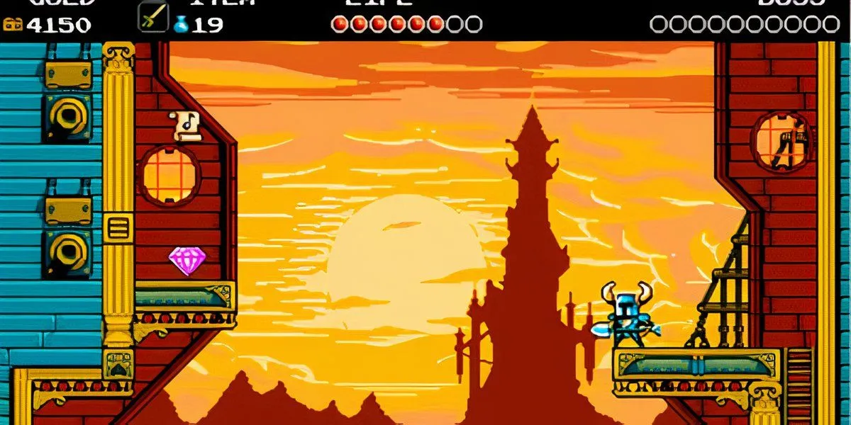 Hiệp sĩ Xẻng Shovel Knight đứng trên mỏm đá nhìn về phía lâu đài trong bóng tối