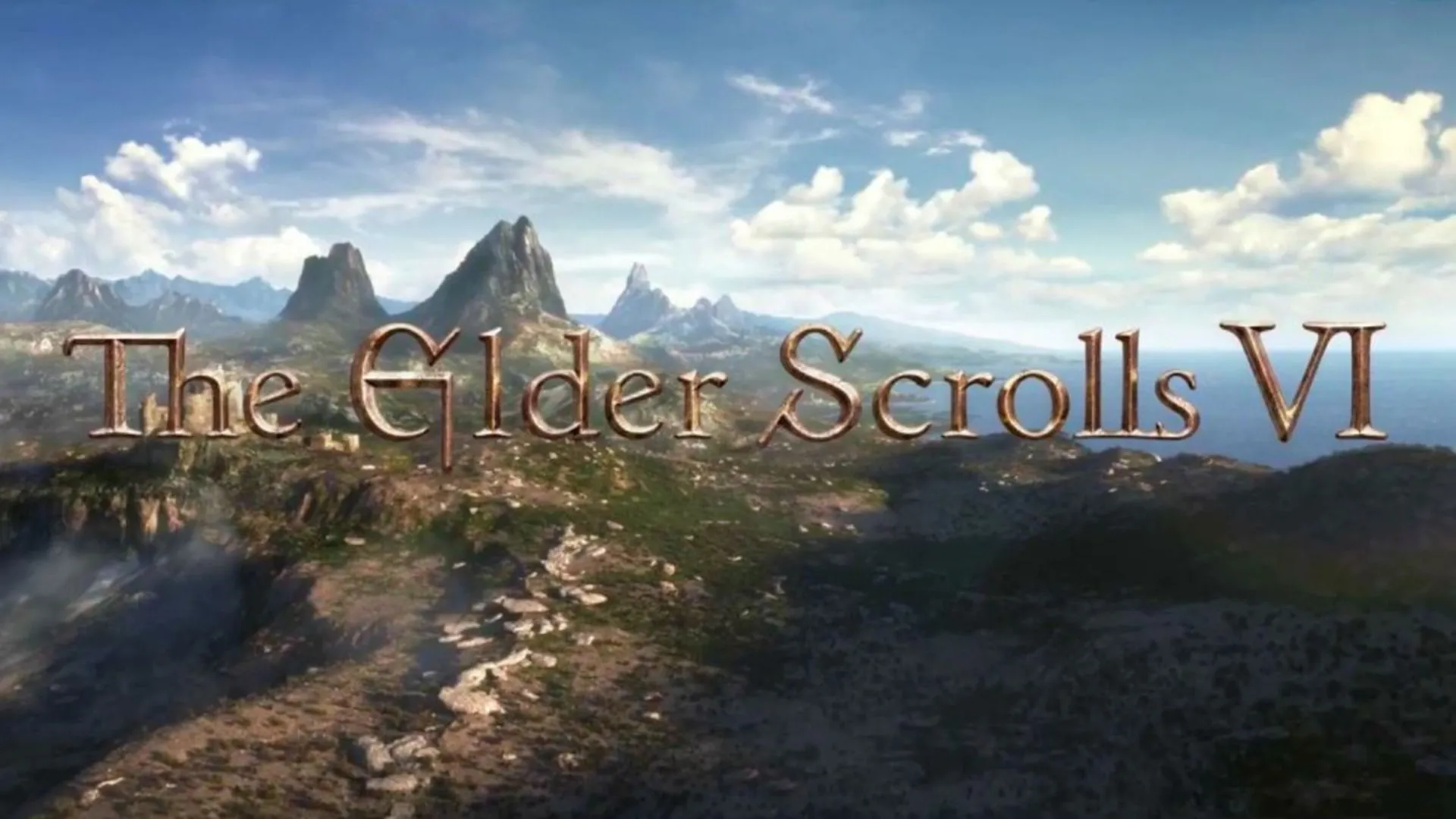 Hình ảnh artwork chính thức của The Elder Scrolls VI với logo và phong cảnh núi non hùng vĩ