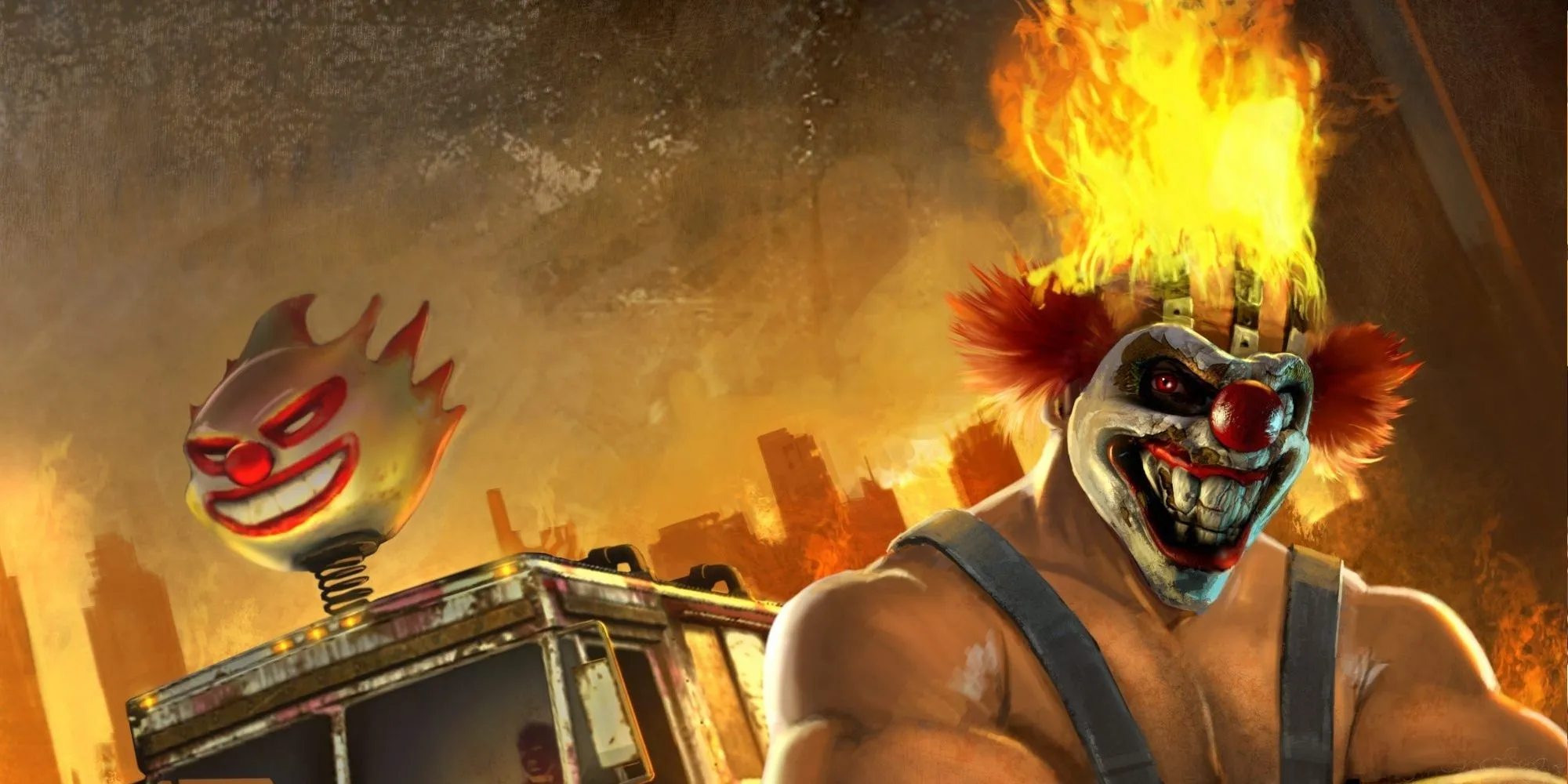 Hình ảnh cận cảnh gã hề sát nhân Sweet Tooth trong phim Twisted Metal với chiếc mặt nạ đặc trưng