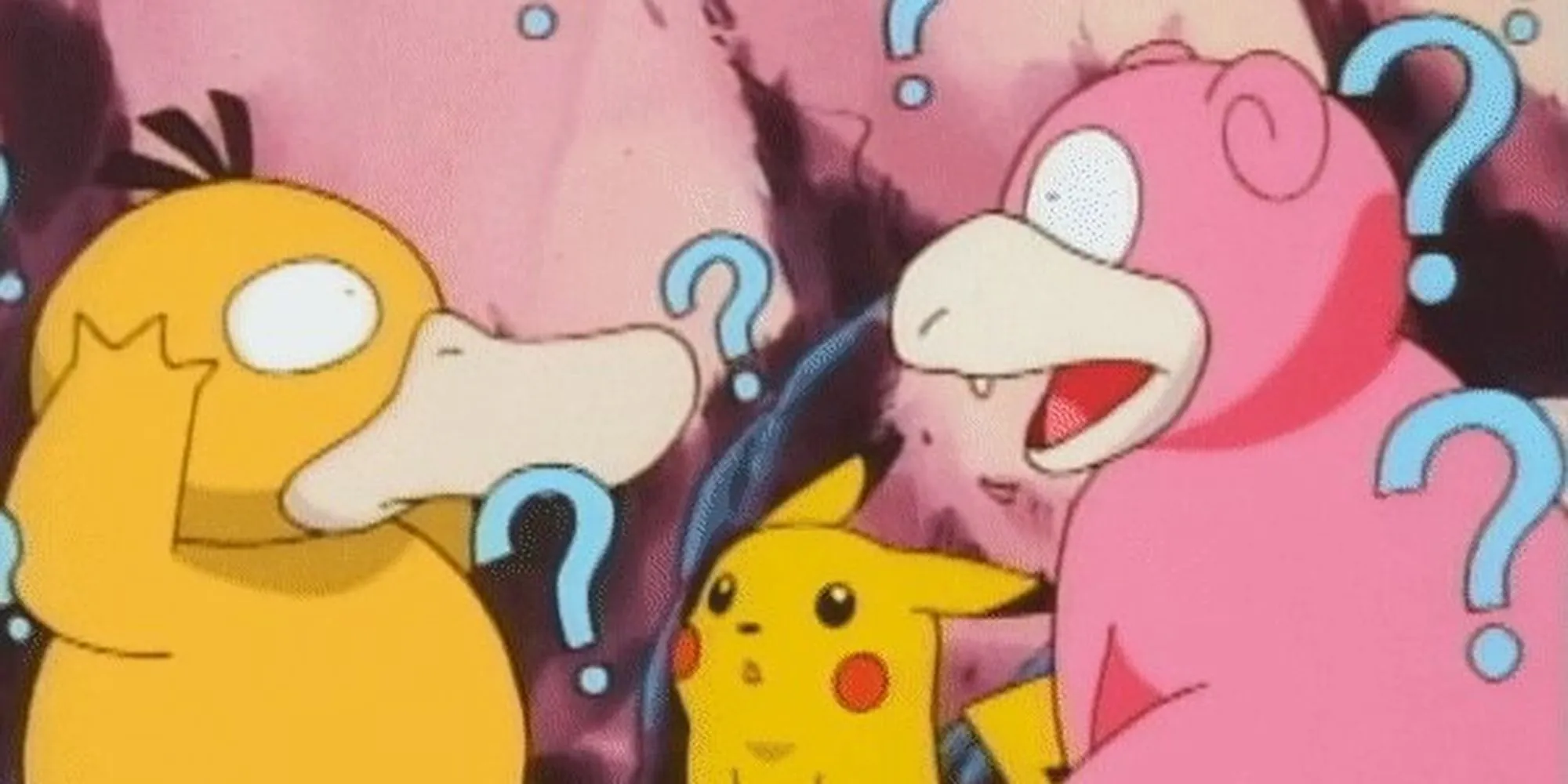 Hình ảnh Pikachu quan sát Psyduck và Slowpoke bối rối trong Pokemon TCG Pocket