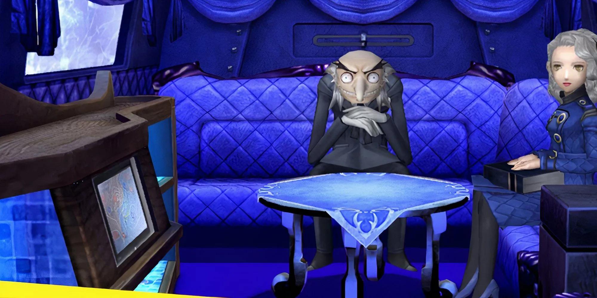Igor và Marie trong Persona 4 ngồi bên trong Căn Phòng Nhung (Velvet Room)