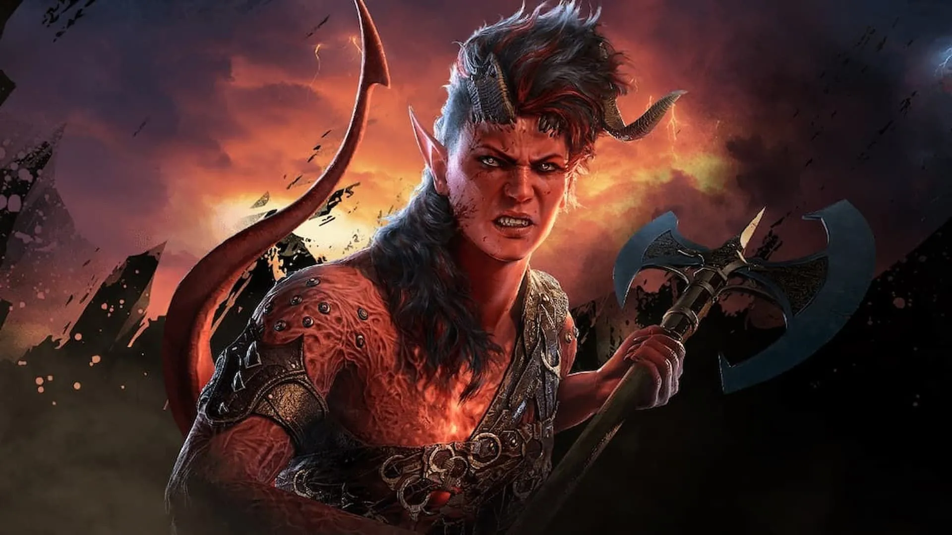 Karlach, một Tiefling Barbarian mạnh mẽ trong Baldur's Gate 3, với nụ cười rạng rỡ và trái tim nhân hậu
