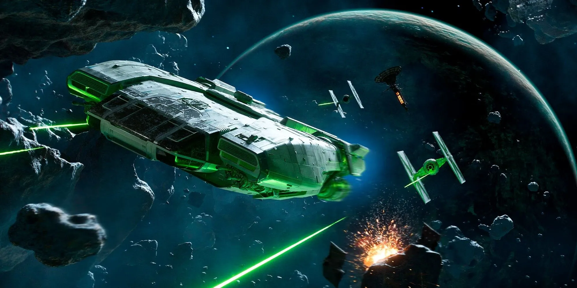 Kay Vess và phi thuyền Trailblazer trong trận không chiến ngoài vũ trụ của Star Wars Outlaws