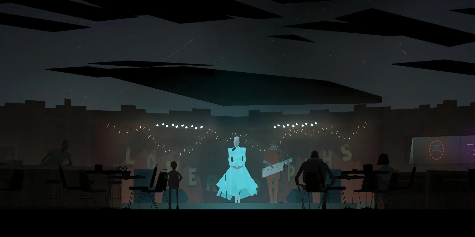 Kentucky Route Zero với khung cảnh một người phụ nữ đang hát trên sân khấu trước khán giả trong thế giới mở