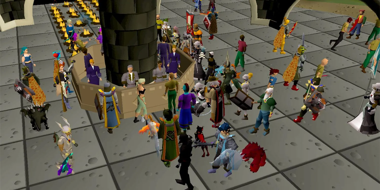Khu vực đông người chơi trong Old School RuneScape với đồ họa 3D cũ đặc trưng