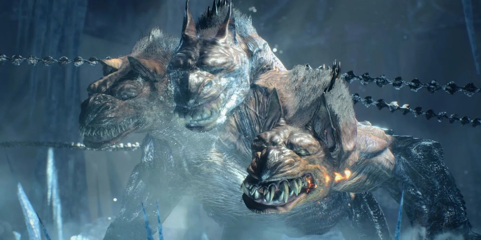 King Cerberus trong Devil May Cry 5, con chó ba đầu khổng lồ với mỗi đầu mang một nguyên tố khác nhau (lửa, băng, sét).
