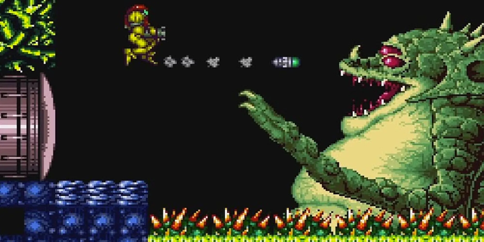 Kraid, trùm khổng lồ chiếm nhiều màn hình trong Super Metroid, thử thách kỹ năng platforming