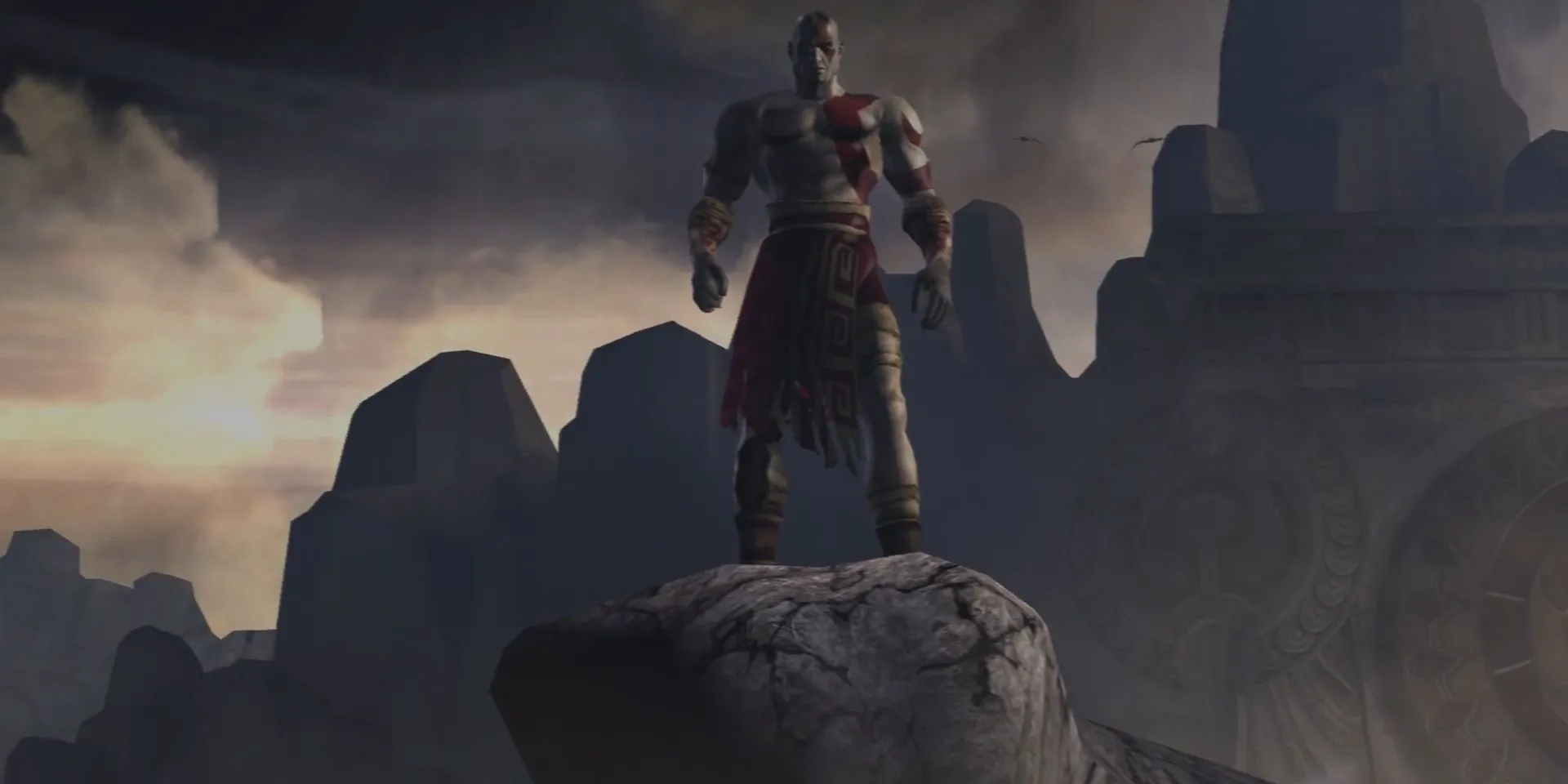 Kratos đứng trên vách đá nhìn xuống biển Aegean trong God of War 2005