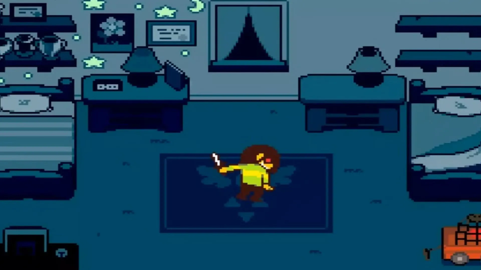 Kris ở cuối Deltarune Chapter 1 với một linh hồn màu đỏ
