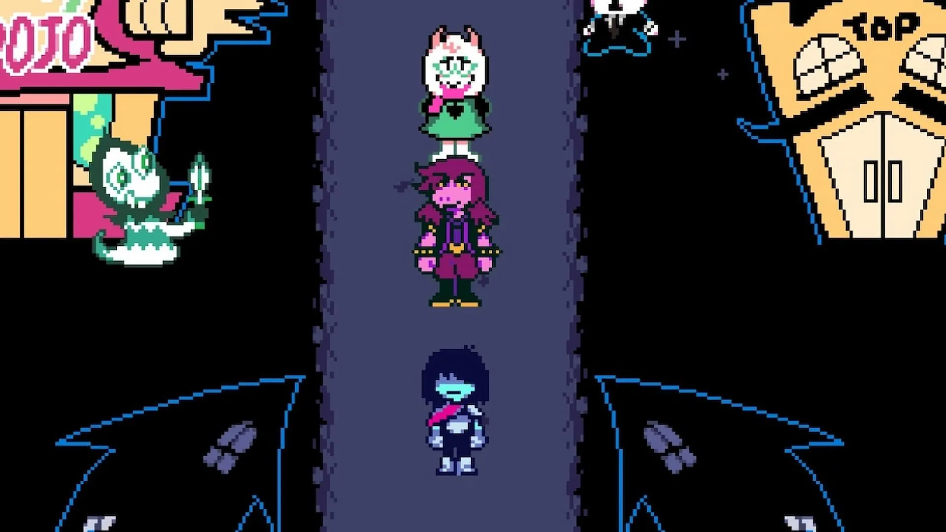 Kris, Ralsei và Susie đứng tại thị trấn trong Deltarune