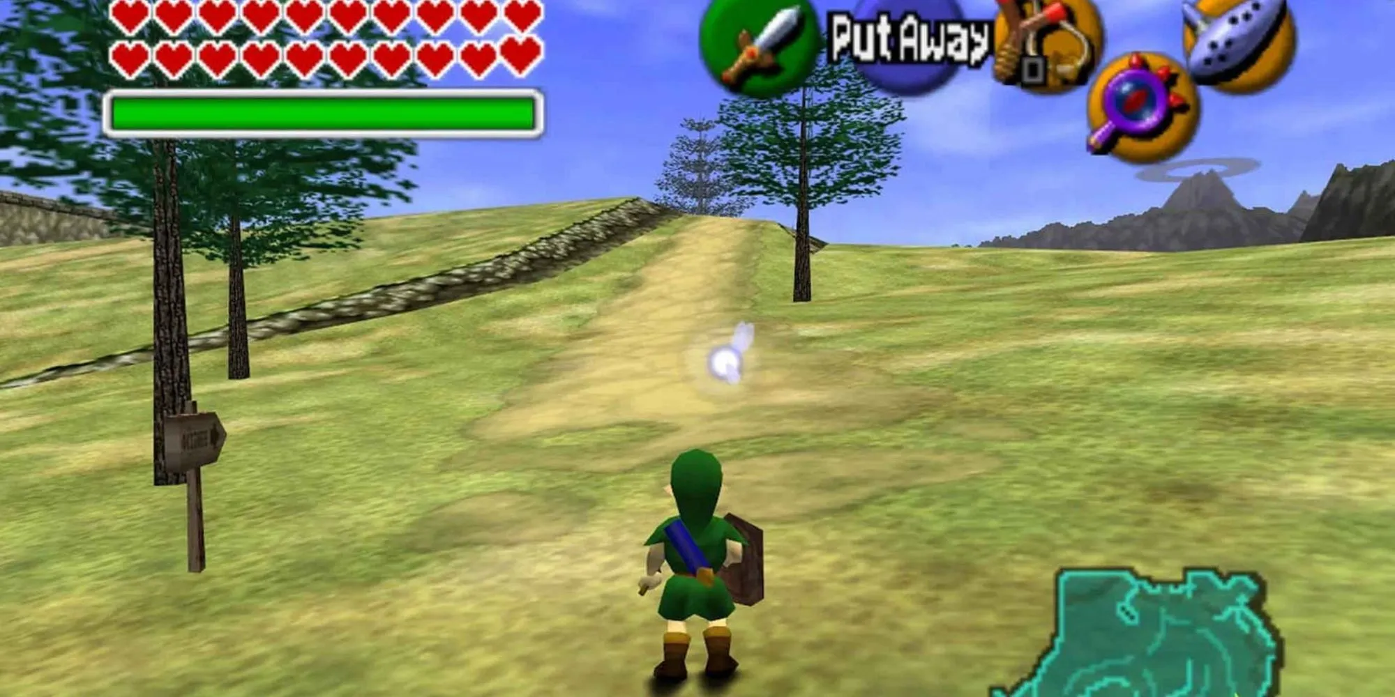 Link khám phá vùng đất Hyrule trong Ocarina of Time với đồ họa 3D thời kỳ đầu