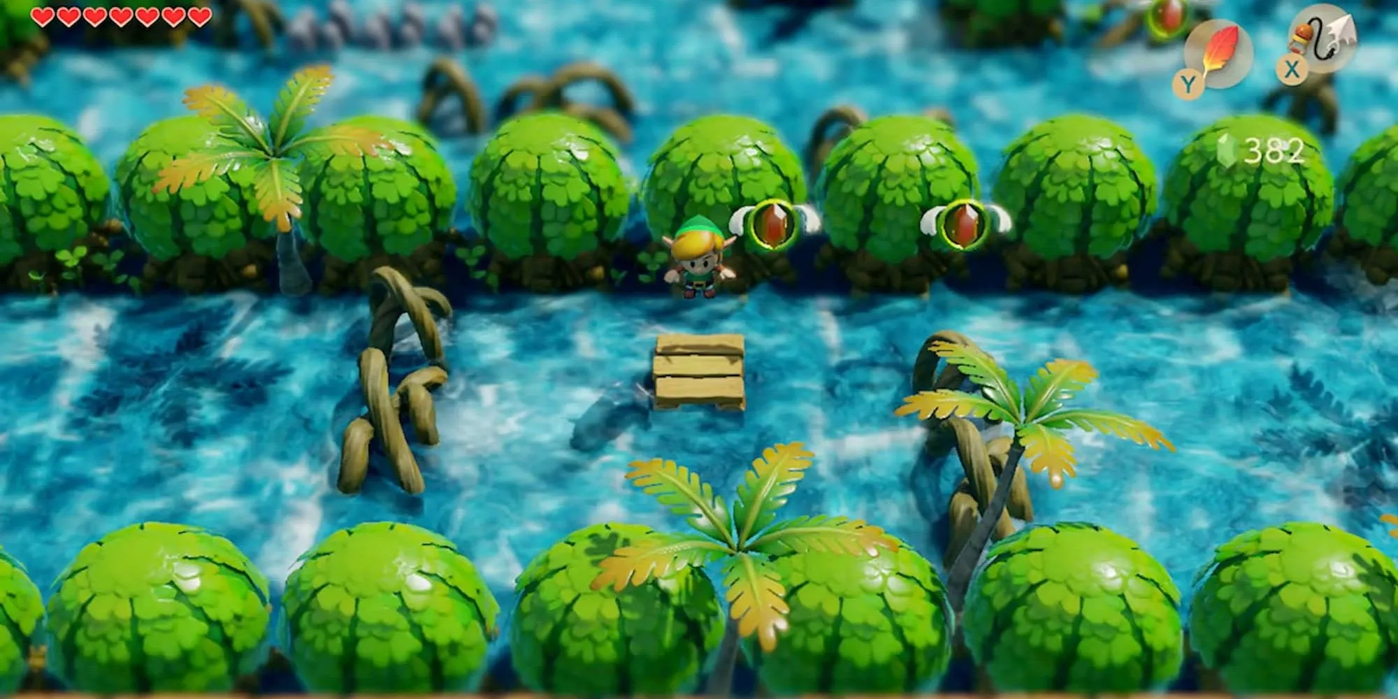 Link nhảy qua một con sông trong The Legend of Zelda: Link's Awakening