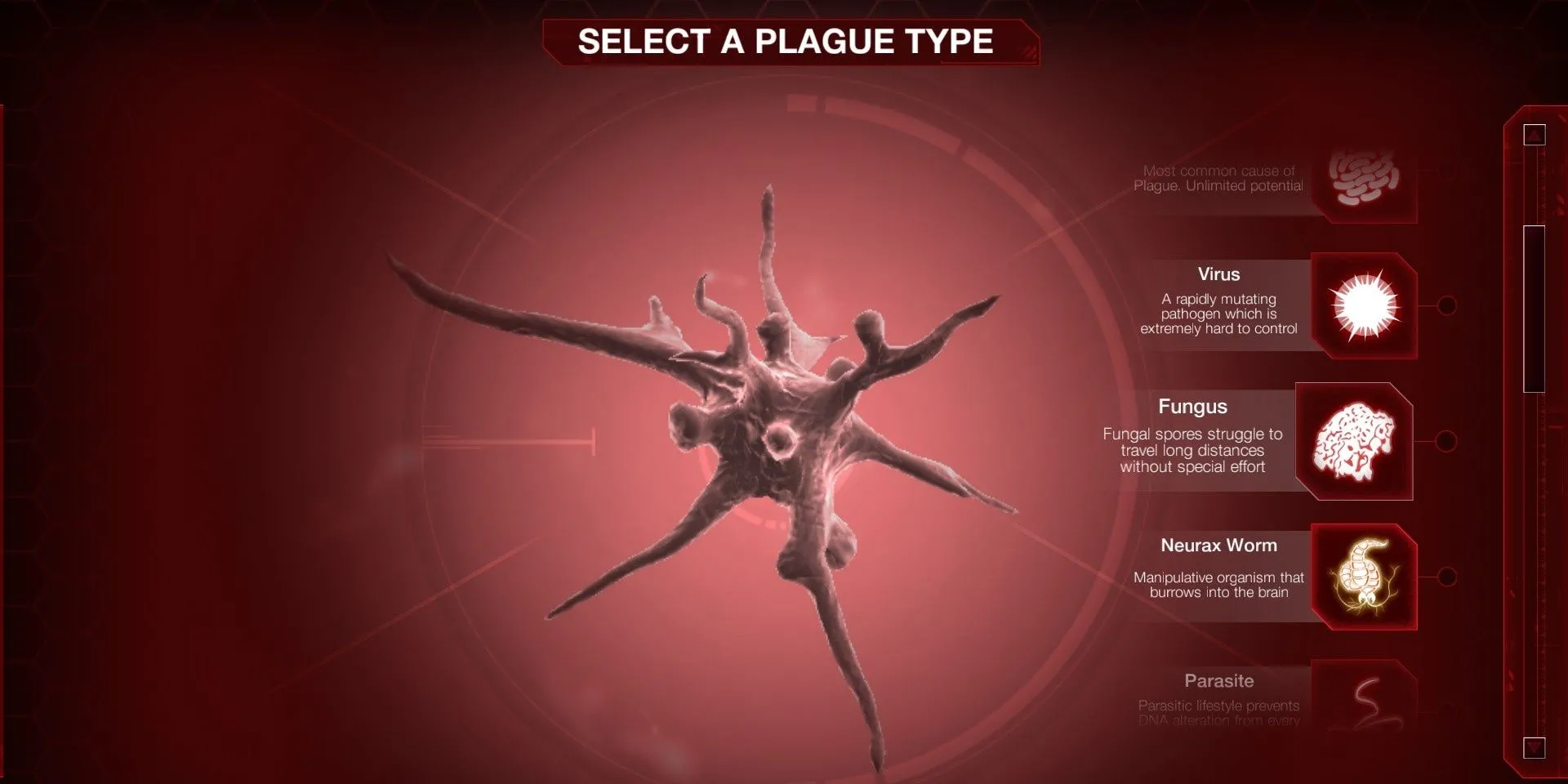 Màn hình chọn loại dịch bệnh trong Plague Inc Evolved