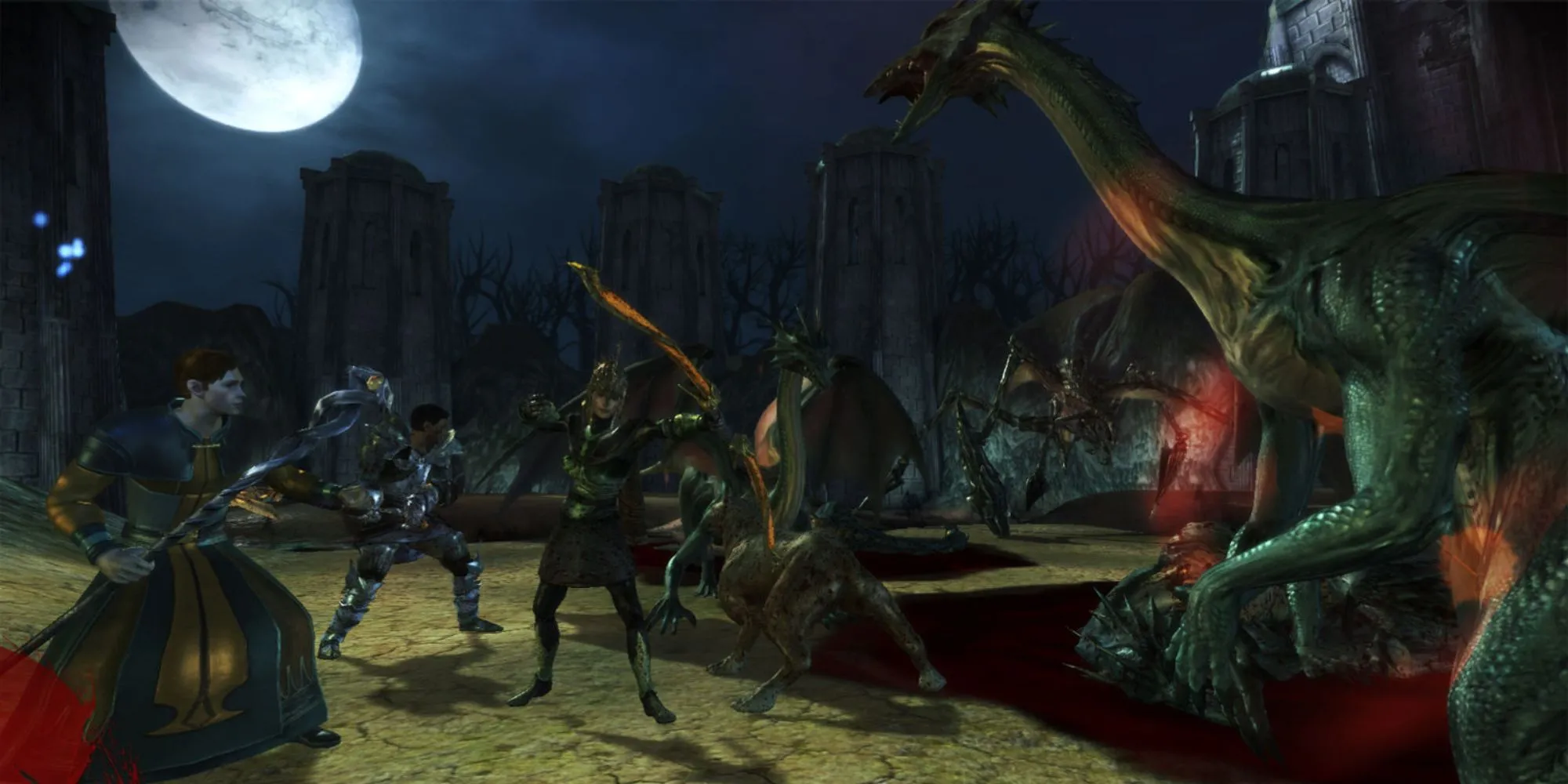 Một cảnh chiến đấu trong Dragon Age Origins với đội hình nhân vật